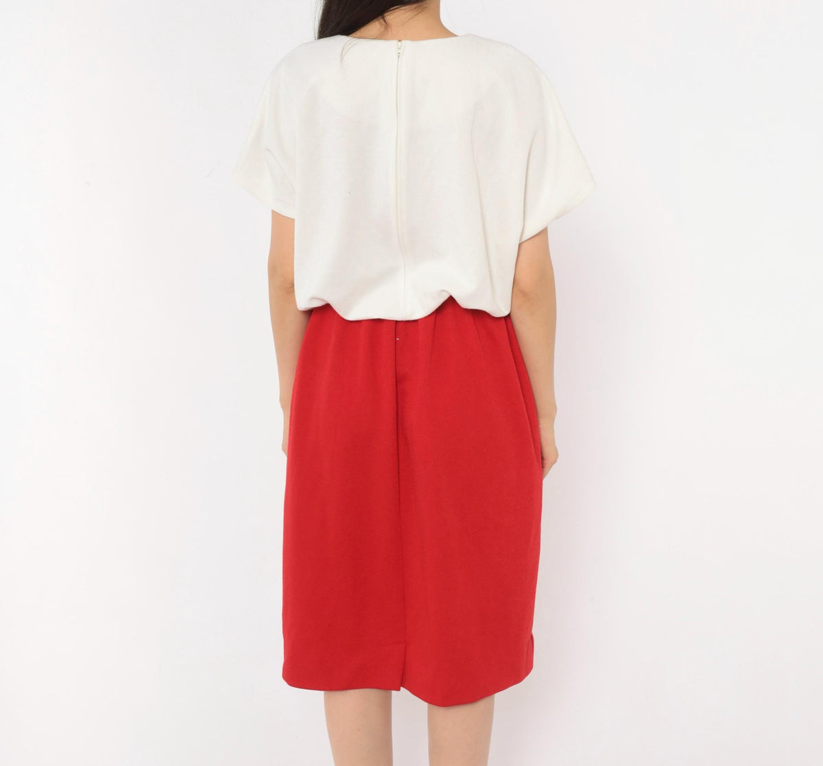 80s Leslie Fay Colorblock Dress White Red Gathered Waist Knee-Length Plus Size 1X