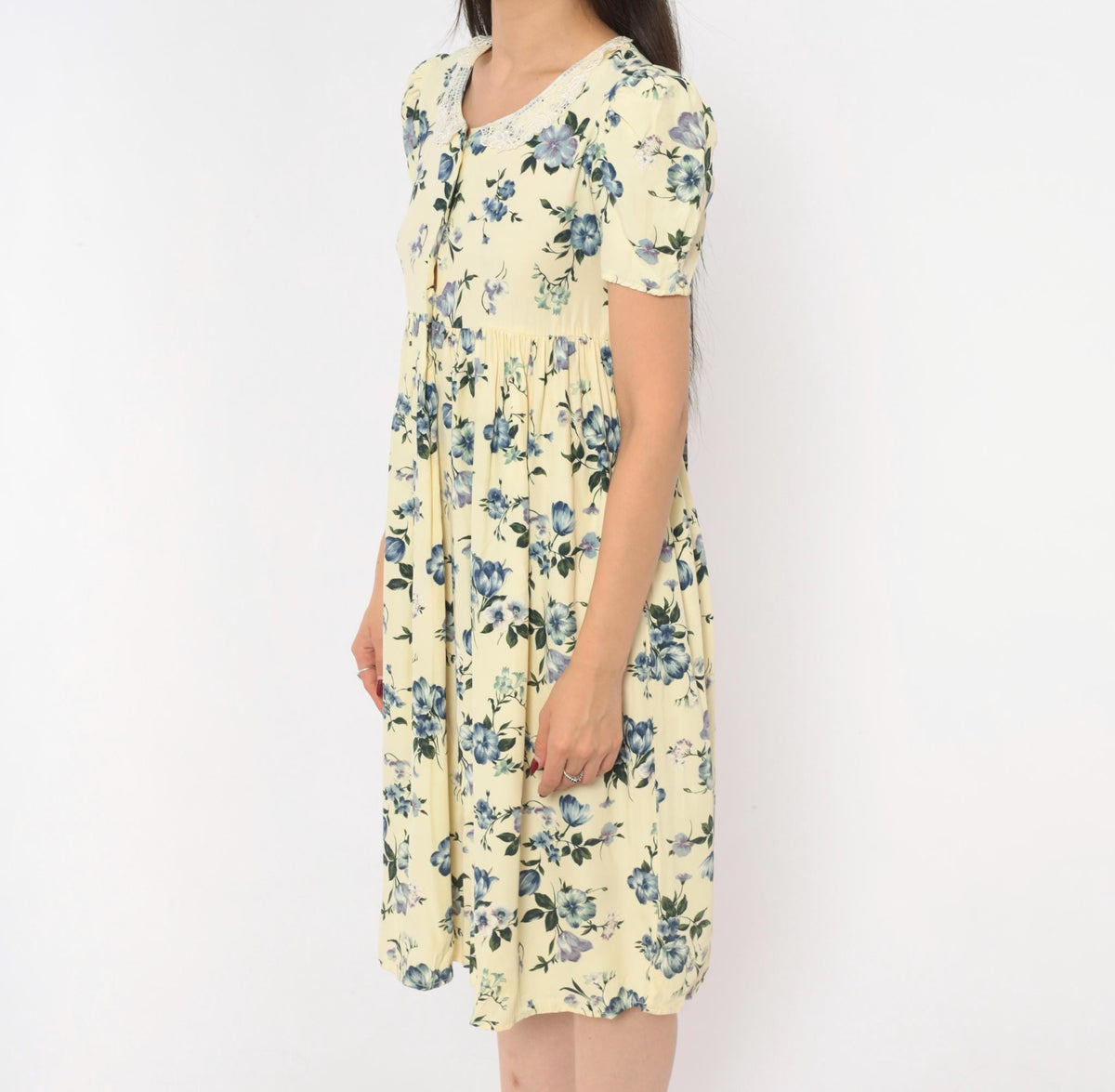 90s Swat Floral Babydoll Dress Cream Blue Puff Sleeve Lace Collar Extra Small XS