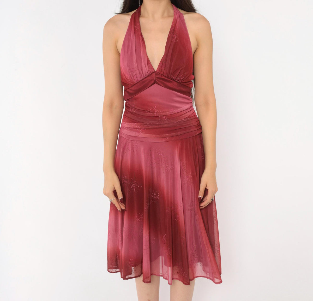 00s Fanny Fashion Burgundy Ombre Halter Dress Deep V Neck Mesh Floral Glitter Small