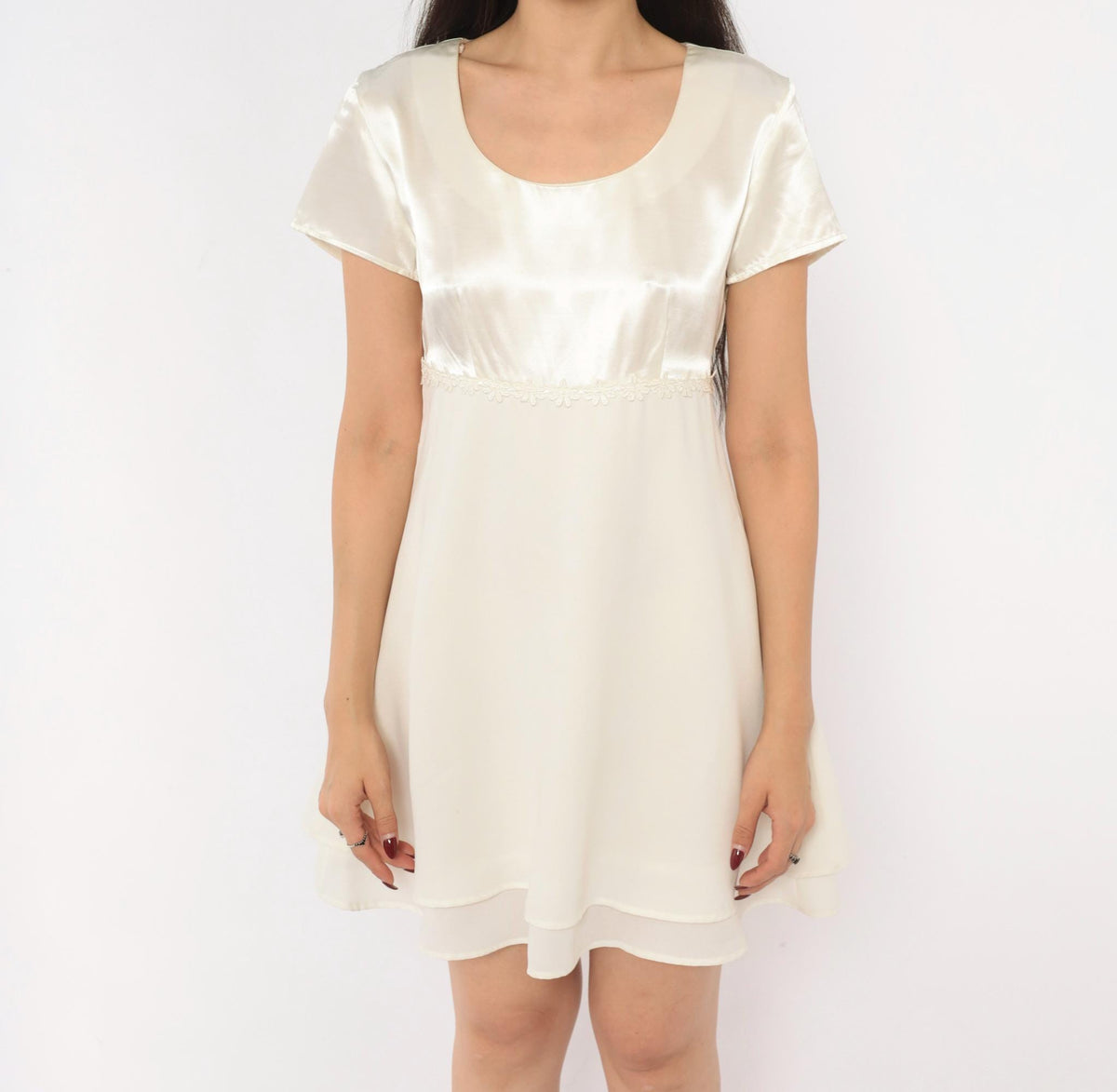 90s Byer Too! Babydoll Dress Cream Satin Empire Waist Chiffon Mini Small S