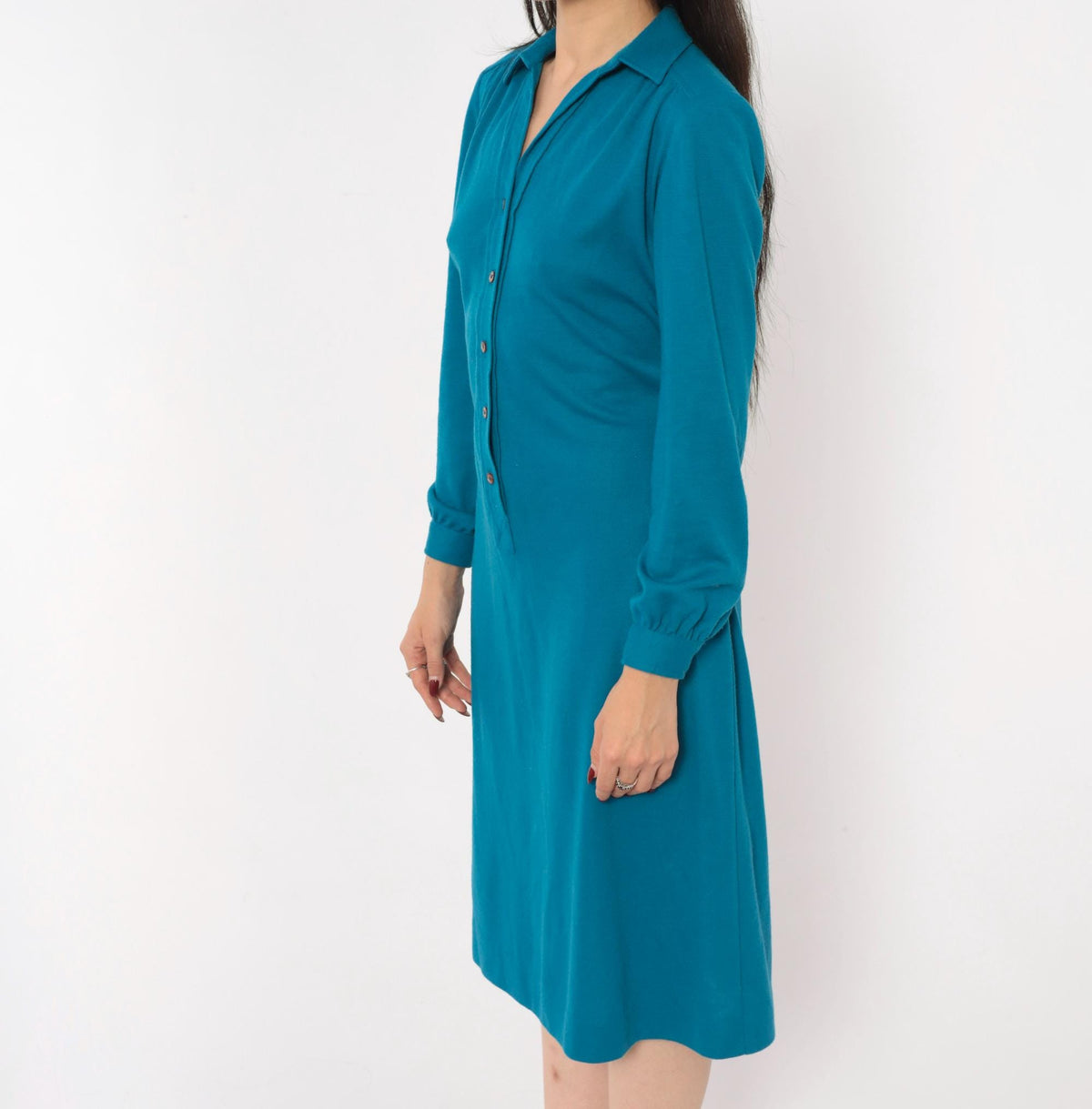 70s Schrader Sport Petites Teal Wool Shirt Dress Tie Waist A-Line Medium M