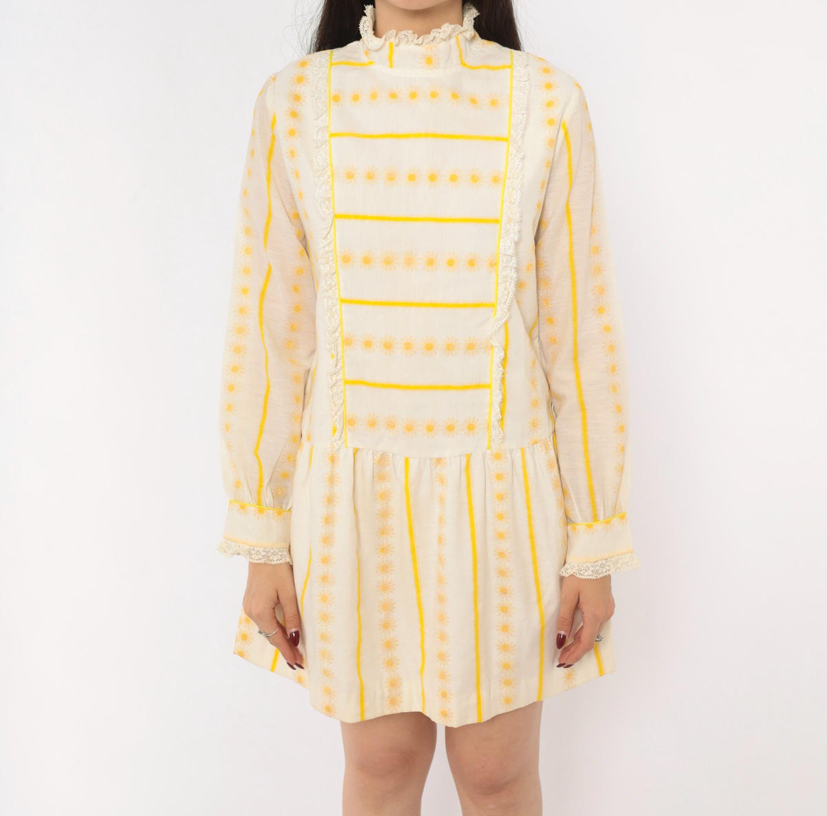 60s Miss Brent Daisy Stripe Mini Dress Yellow Cream Lace High Neck Long Sleeve Extra Small