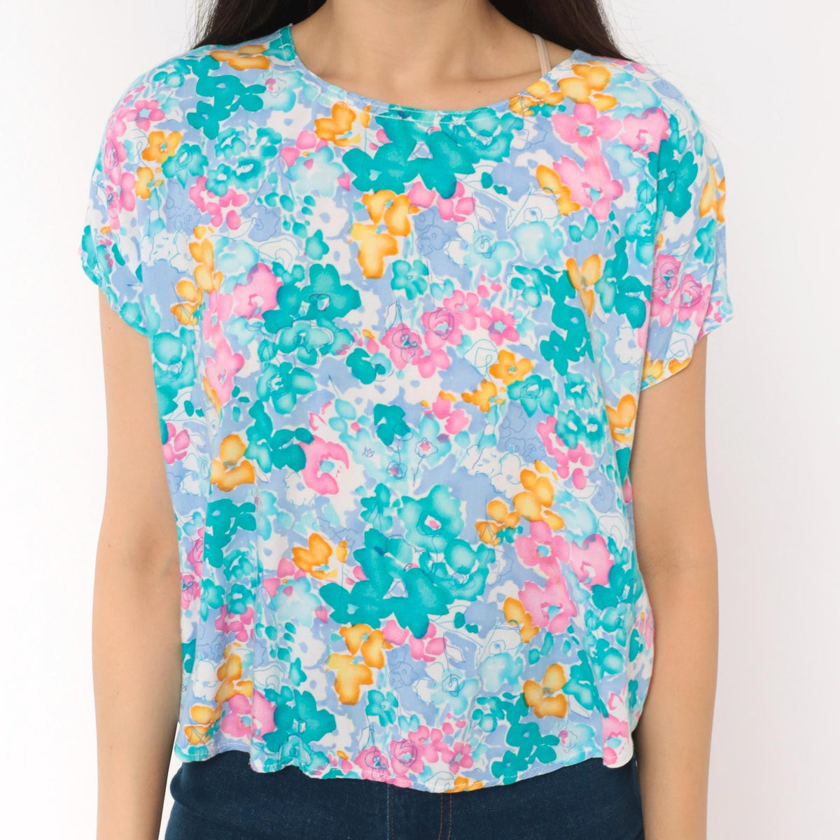 80s Watercolor Floral Crop Top Teal Pink Periwinkle Cap Sleeve Medium