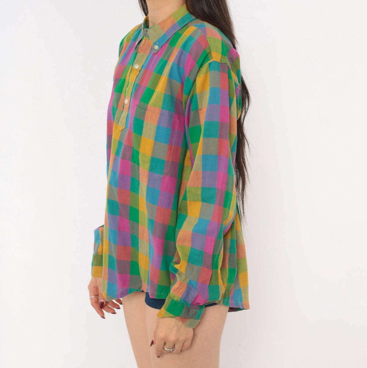 70s Career Club Madras Plaid Button-Down Shirt Multicolor Gingham Large L
