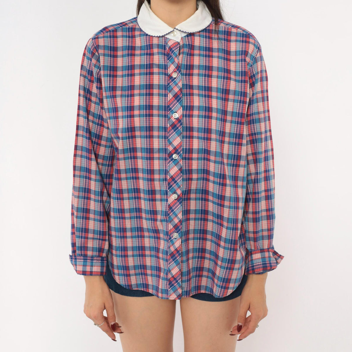 80s Oak Hill Plaid Peter Pan Collar Button Blouse Blue Red White Medium