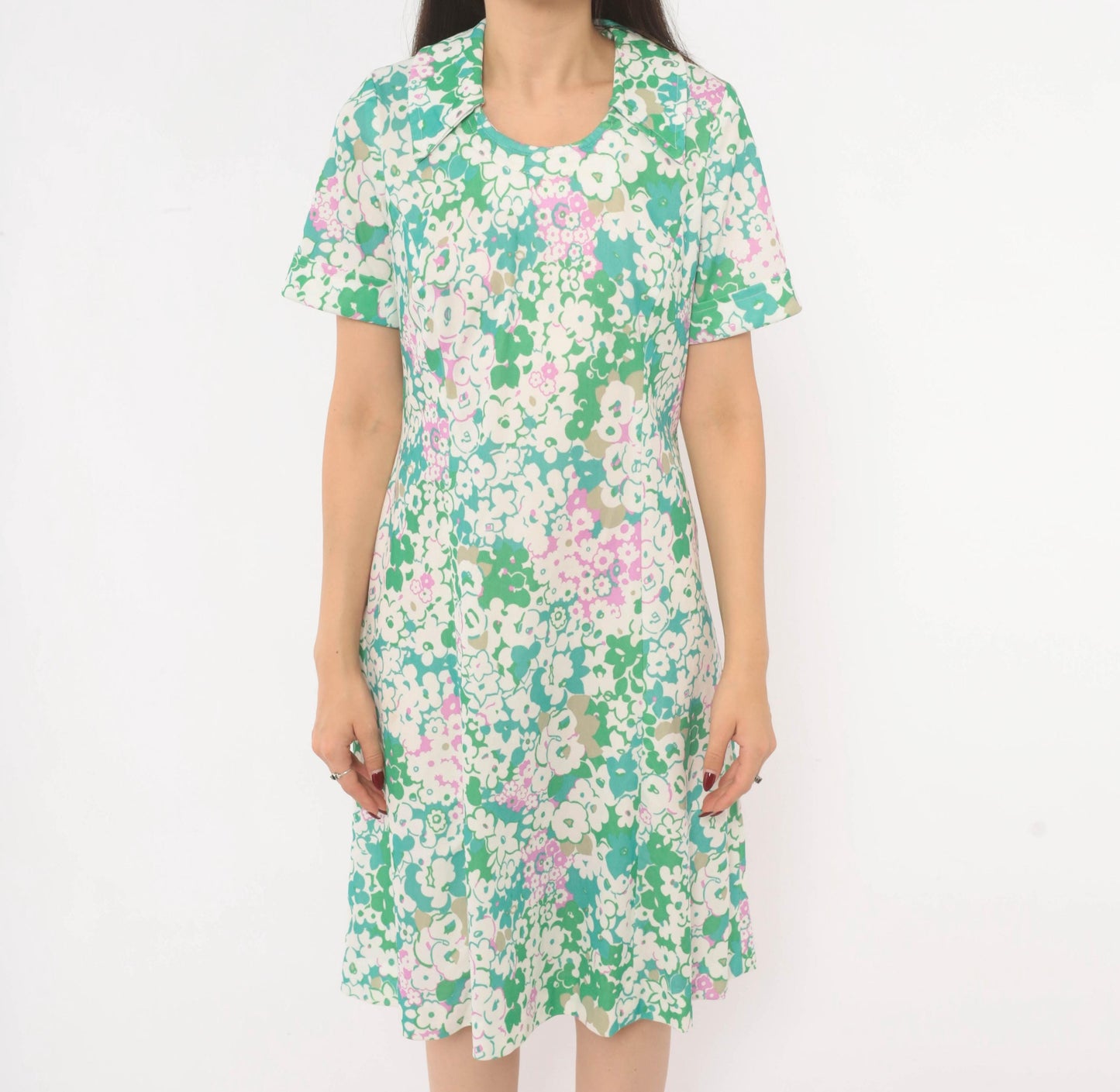 70s Psychedelic Floral A-Line Dress Green Pink White Scoop Collar Knee Medium