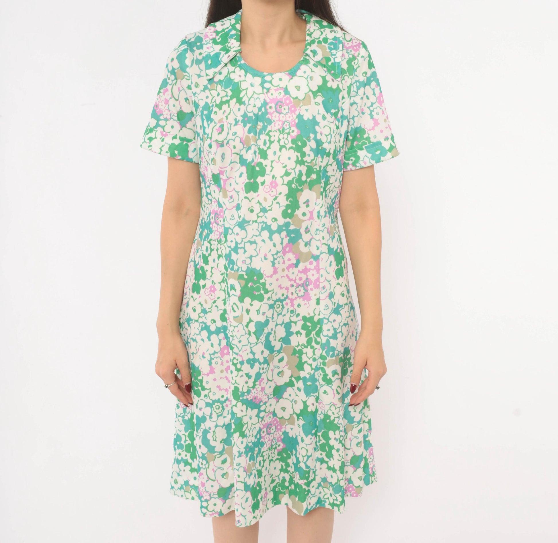70s Psychedelic Floral A-Line Dress Green Pink White Scoop Collar Knee Medium