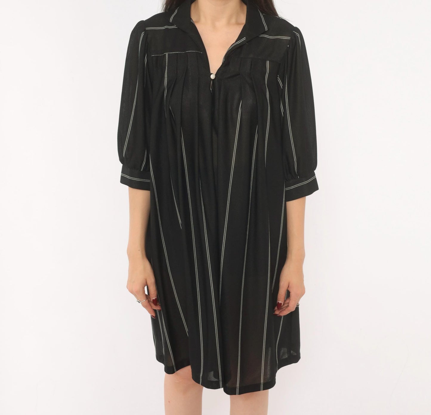 70s Black Pinstripe Shirt Dress Knee-Length Collared Button Front Medium