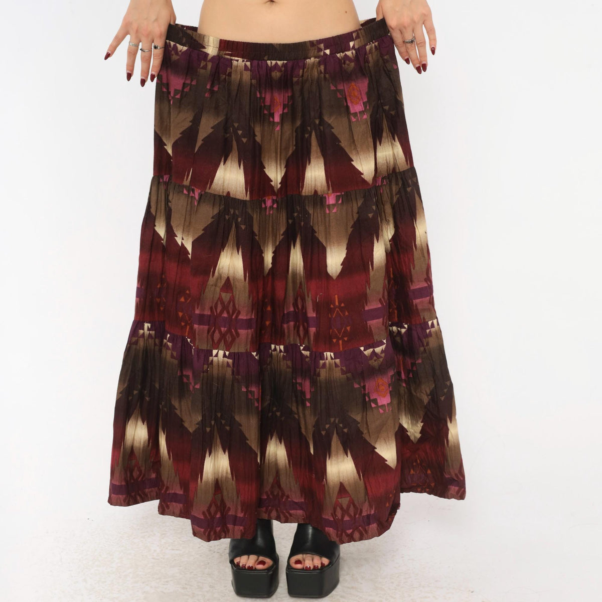90s Circle T Southwestern Maxi Skirt Geometric Print Burgundy Cotton Medium