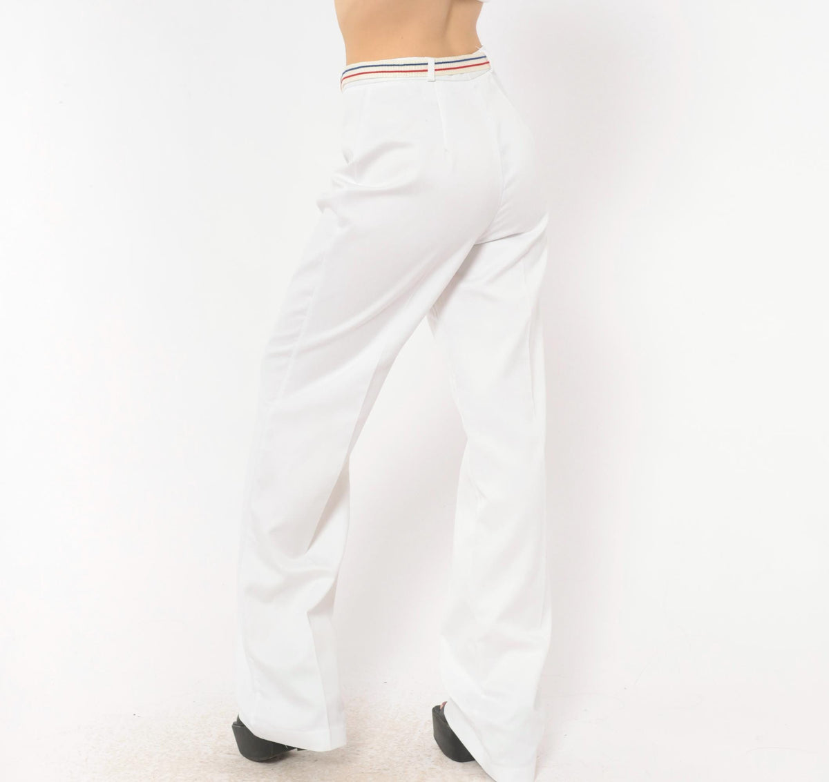70s MMJ White Wide Leg Trousers Striped Belt High Rise Small S