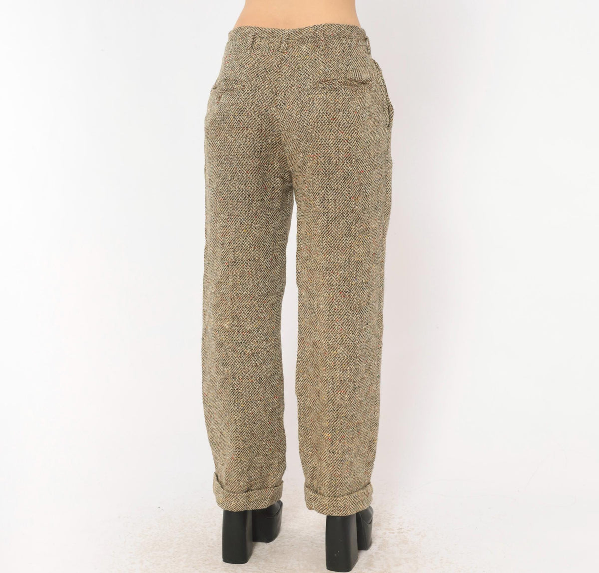 70s Herringbone Tweed Wool Pleated Trousers Tan Cream High Rise Medium
