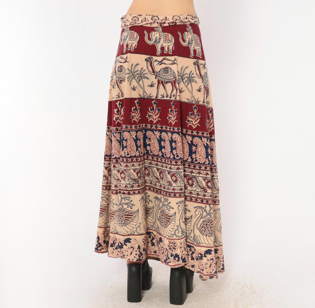 70s Indian Block Print Cotton Wrap Skirt Maxi Burgundy Navy Elephant Peacock Small