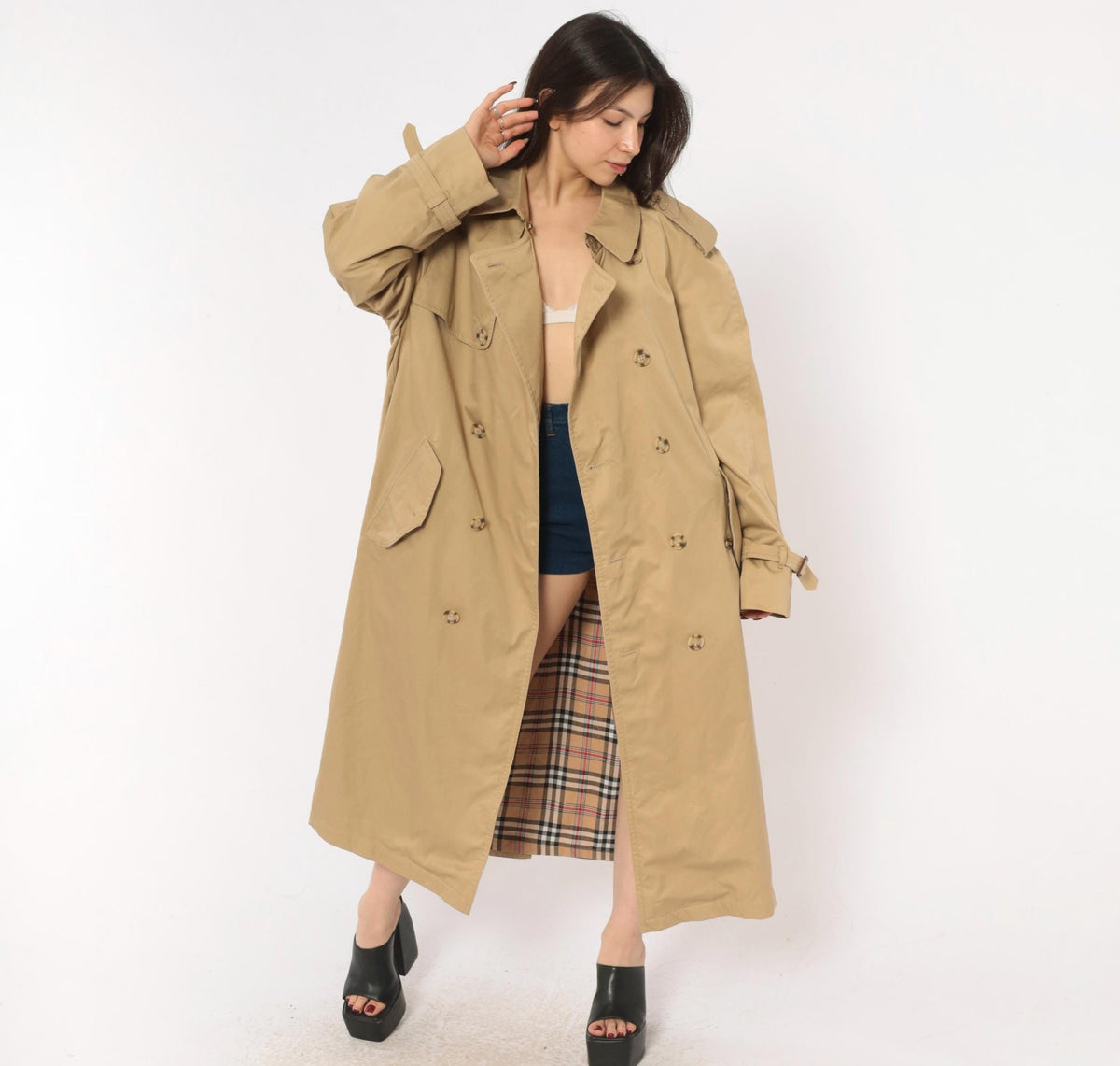 80s Tan Trench Coat Double Breasted Nova Check Lining Mens Medium