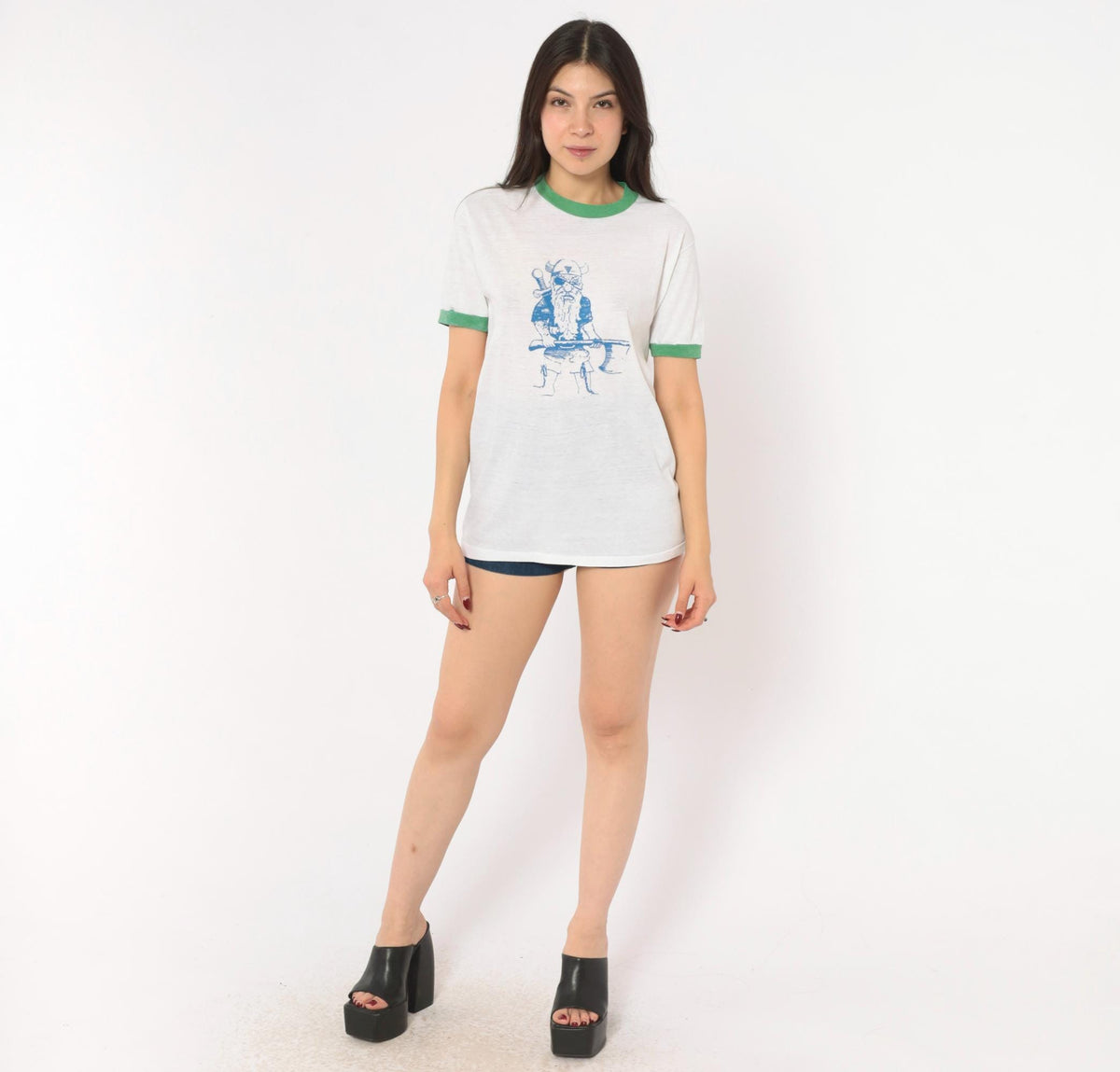 80s Sport-T Viking Ringer Tee White Green Trim Graphic Medium M
