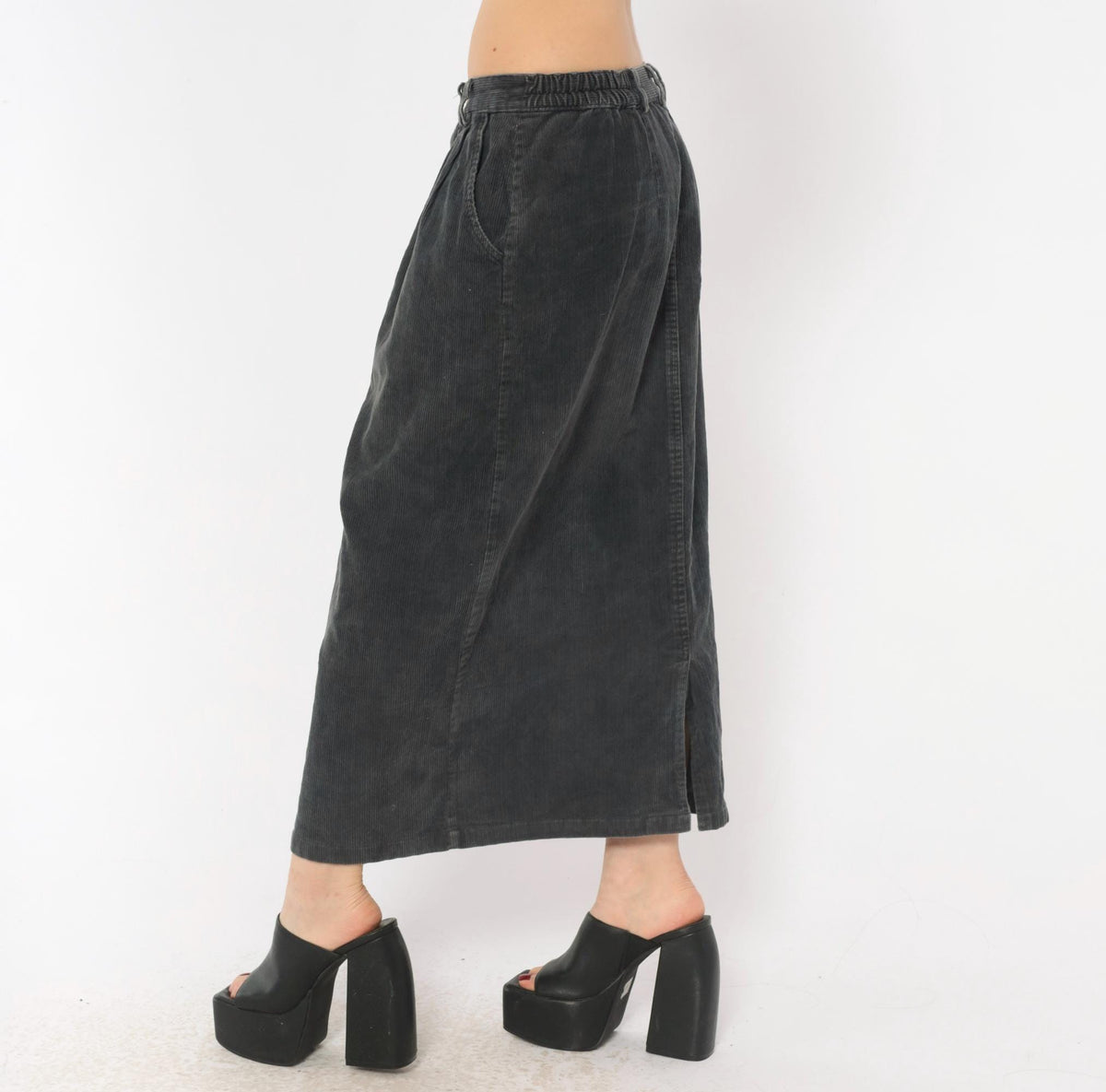80s Gina Peters Charcoal Corduroy Midi Skirt Pleated High Waist Small