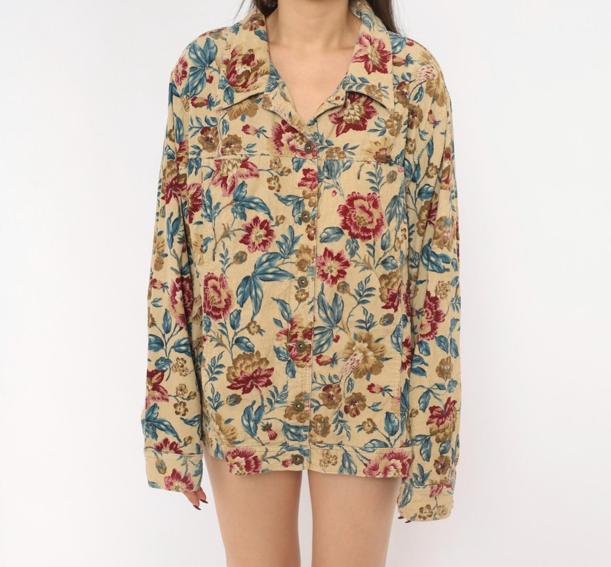 2000s Elisabeth Floral Corduroy Jacket Tan Botanical Button Front Plus Size 3X