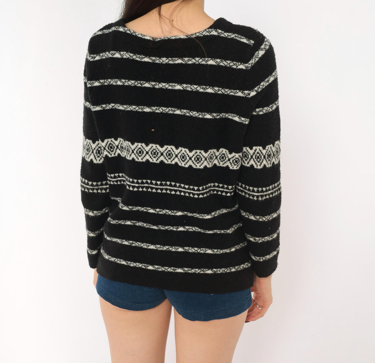 90s Moda International Fair Isle Cardigan Black White Wool Knit Medium M