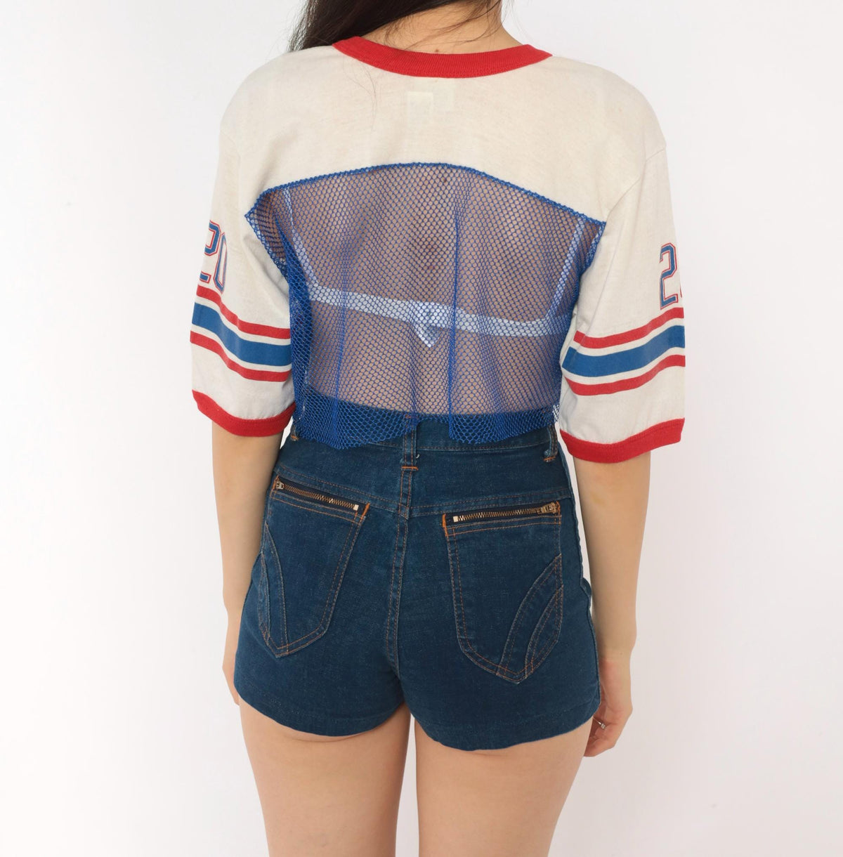 80s Indy Knit Mesh Crop Top Blue Red Stripe V-Neck Athletic Jersey Extra Large