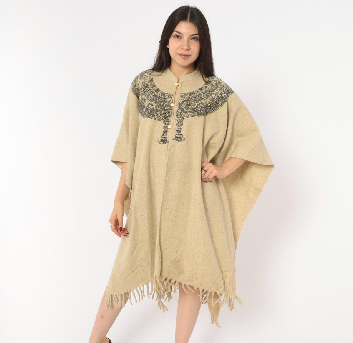 90s Aztec Calendar Wool Blend Poncho Cream Mandarin Collar Fringe Hem