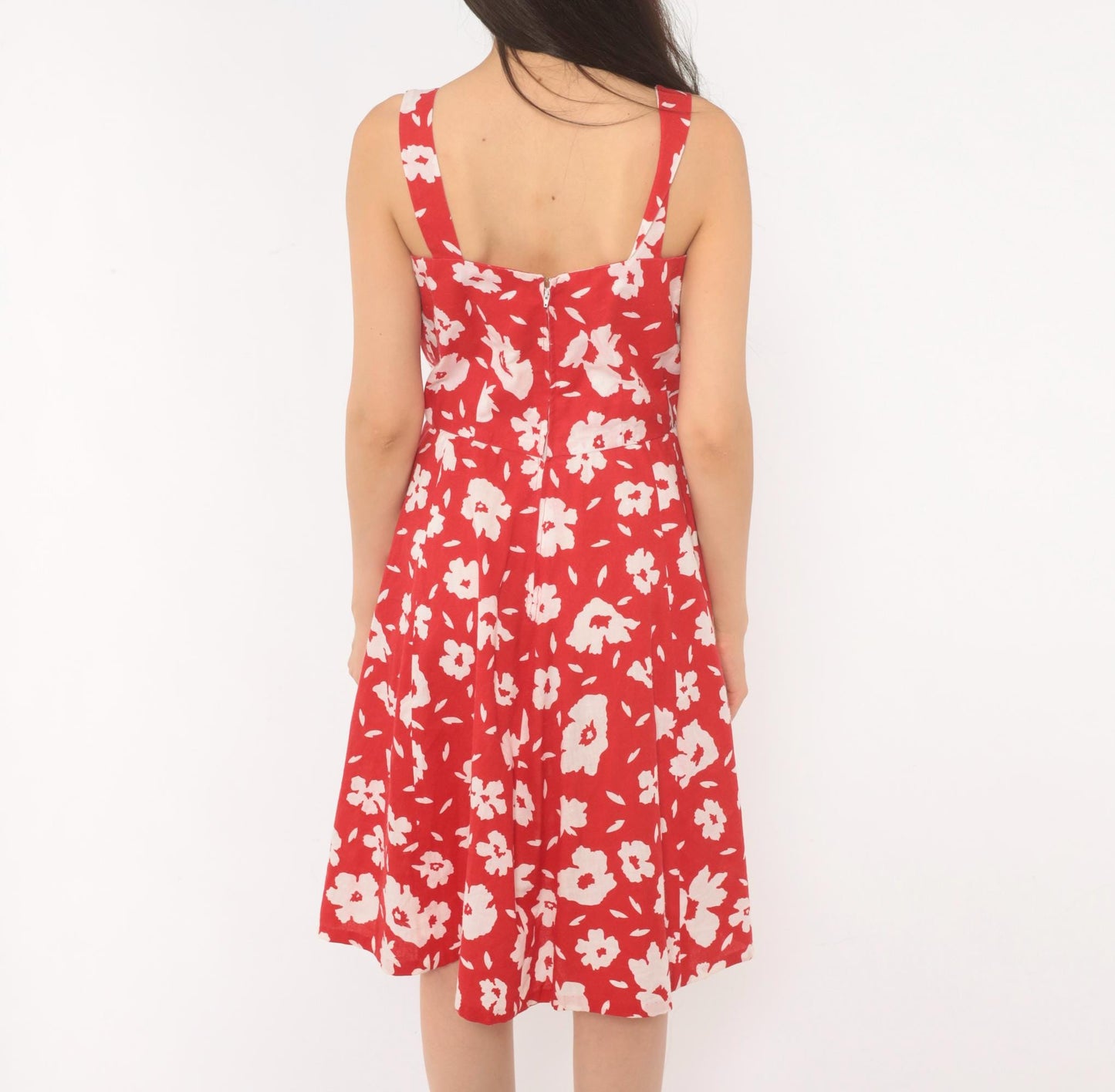 80s Red Floral Cotton Sundress White Square Neck A-Line Knee Length Extra Small XS
