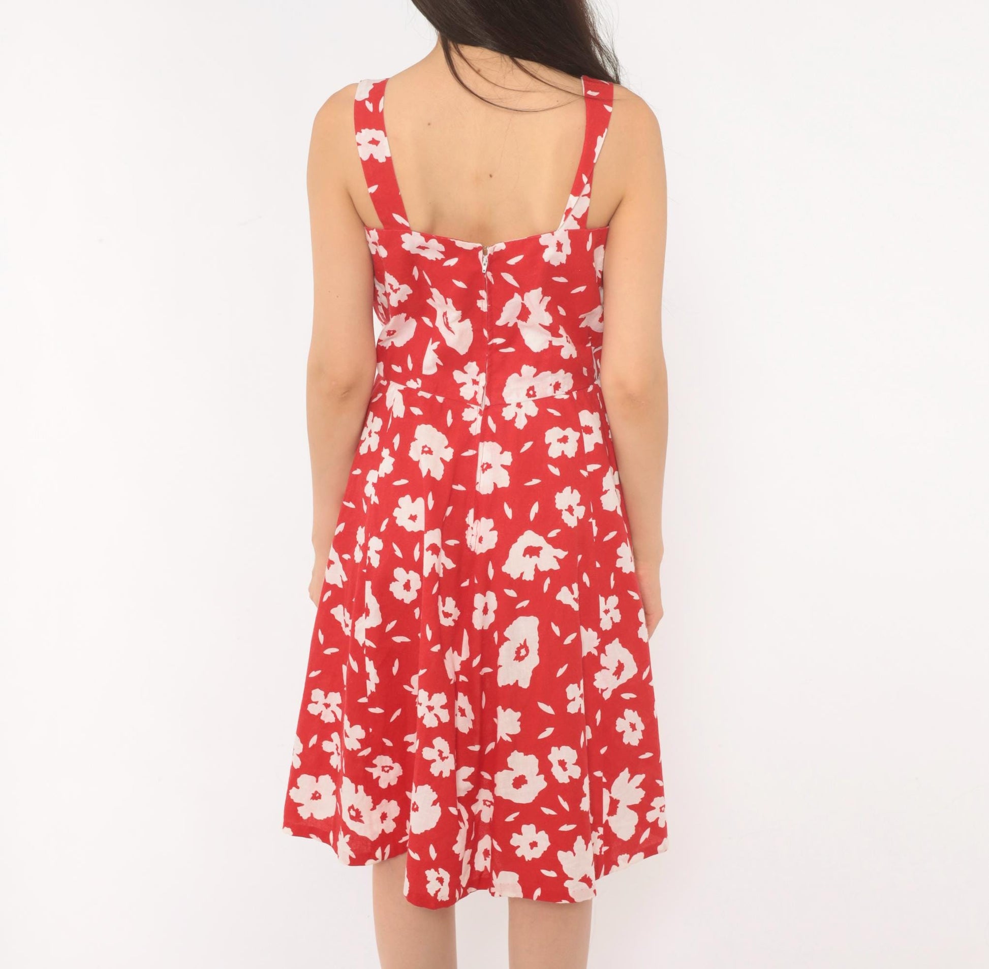 80s Red Floral Cotton Sundress White Square Neck A-Line Knee Length Extra Small XS