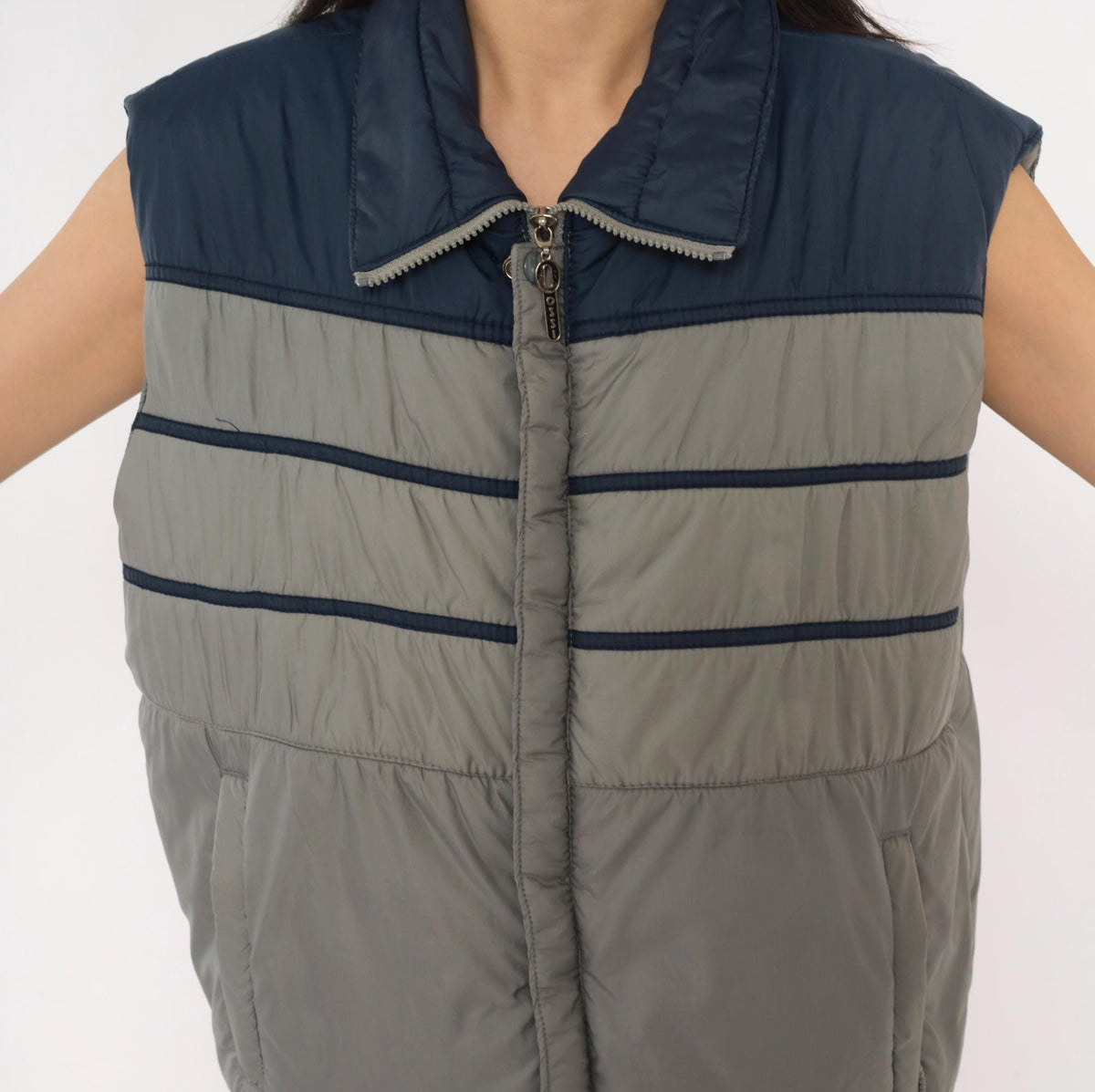 80s Ossi Navy Grey Color Block Puffer Vest Quilted Mens Medium