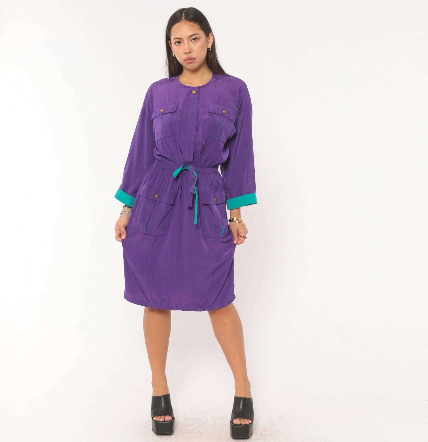 80s Leslie Fay Purple Safari Dress Knee-Length Utility Pockets Teal Trim Medium
