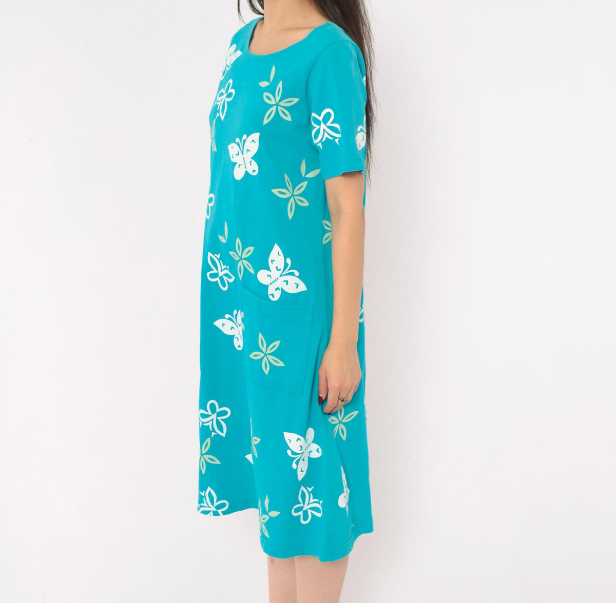 90s M. Mac Butterfly Shift Dress Teal Cotton Knee-Length Pockets Small S