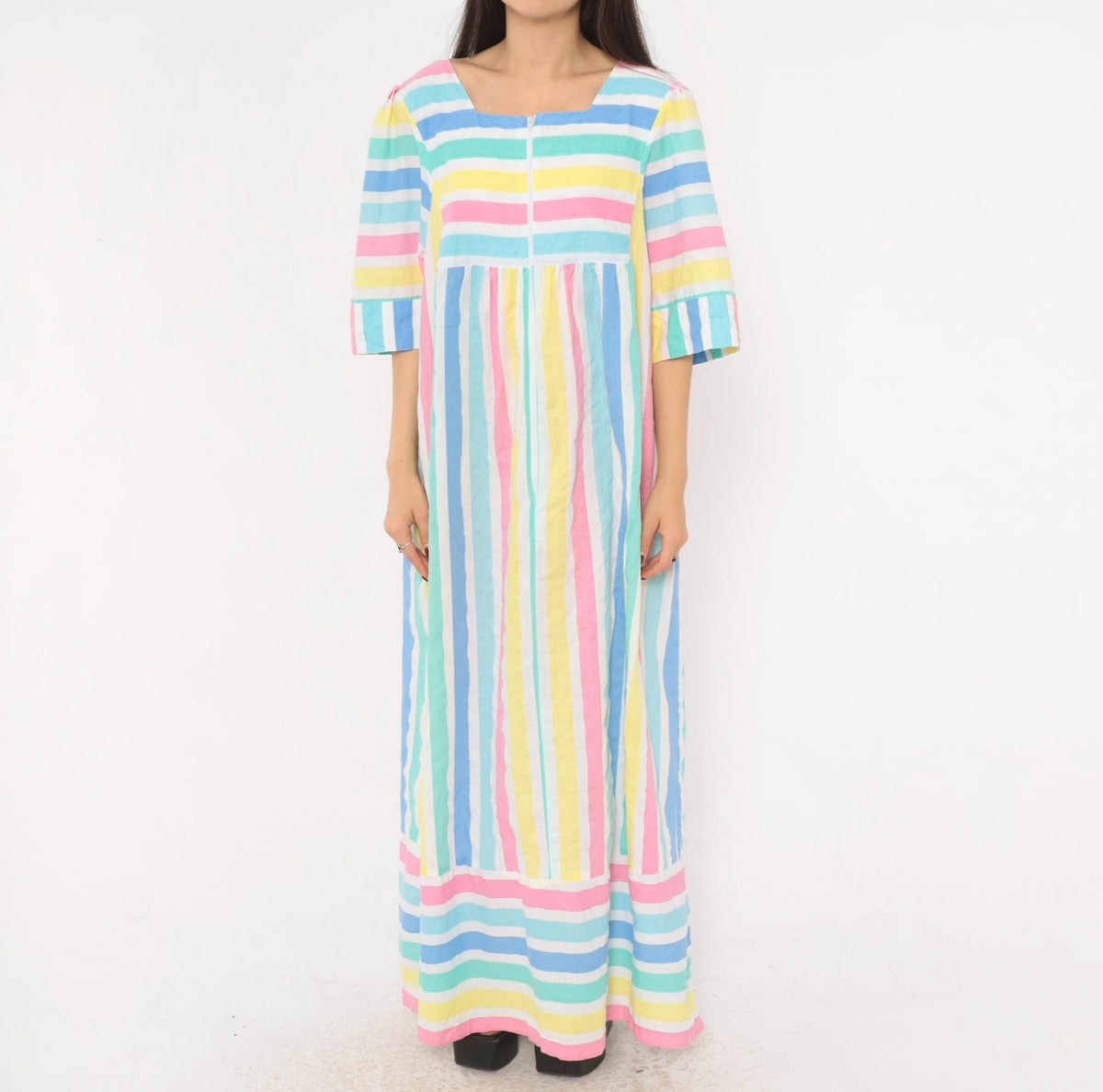 80s Saybury Pastel Striped Maxi Dress Square Neck Empire Waist Extra Large