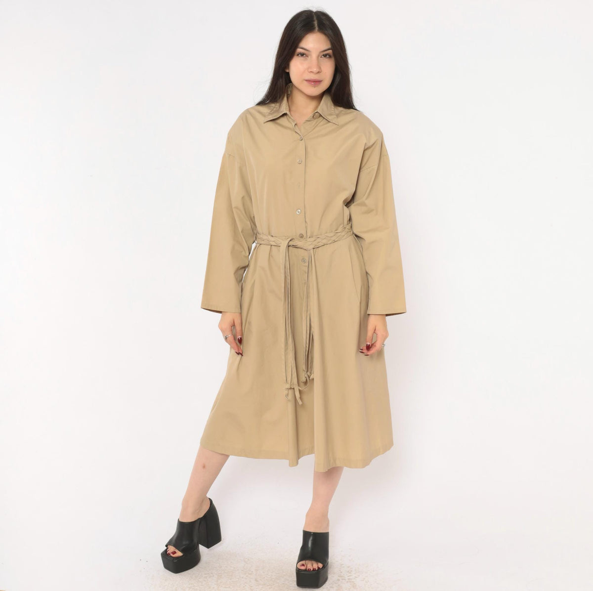 80s Tan Shirt Dress Braided Belt Pointed Collar A-Line Knee Length Large
