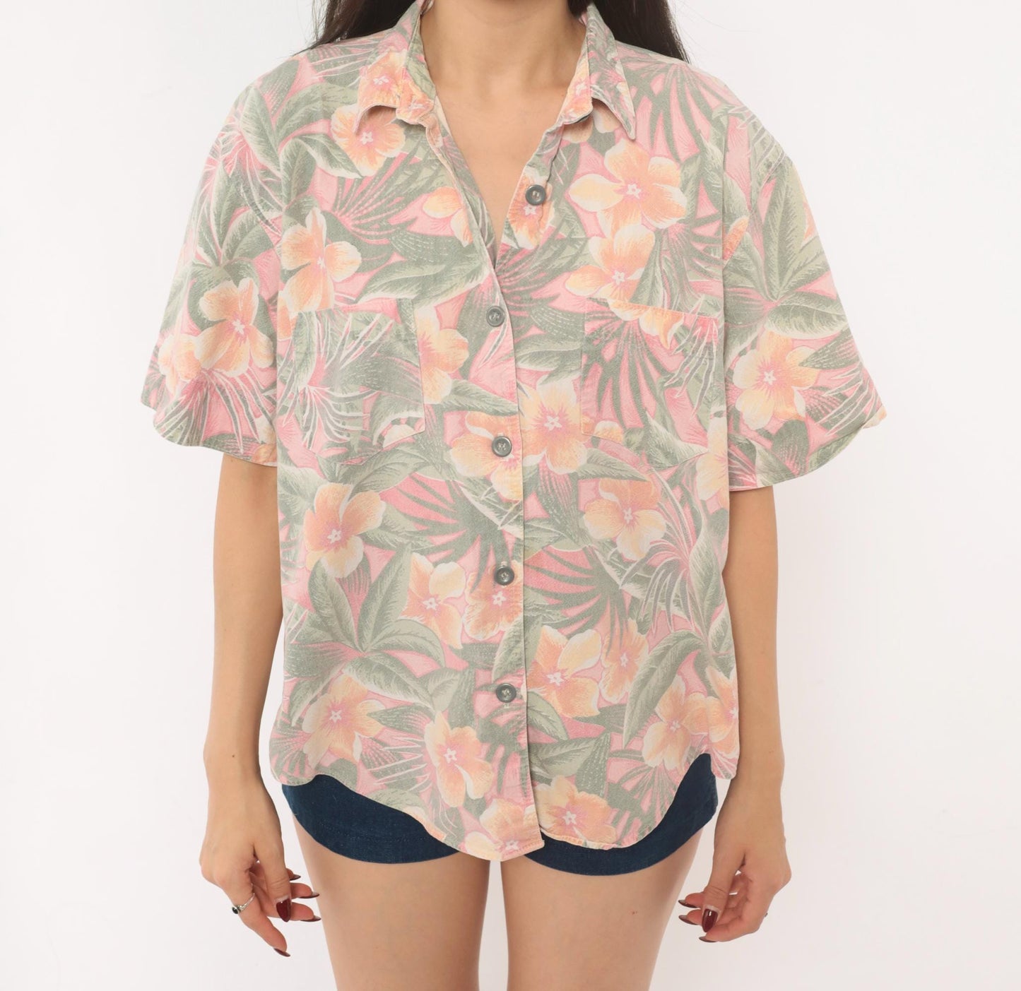 90s Essentials Sport Hawaiian Shirt Pink Coral Floral Camp Collar Cotton Large L