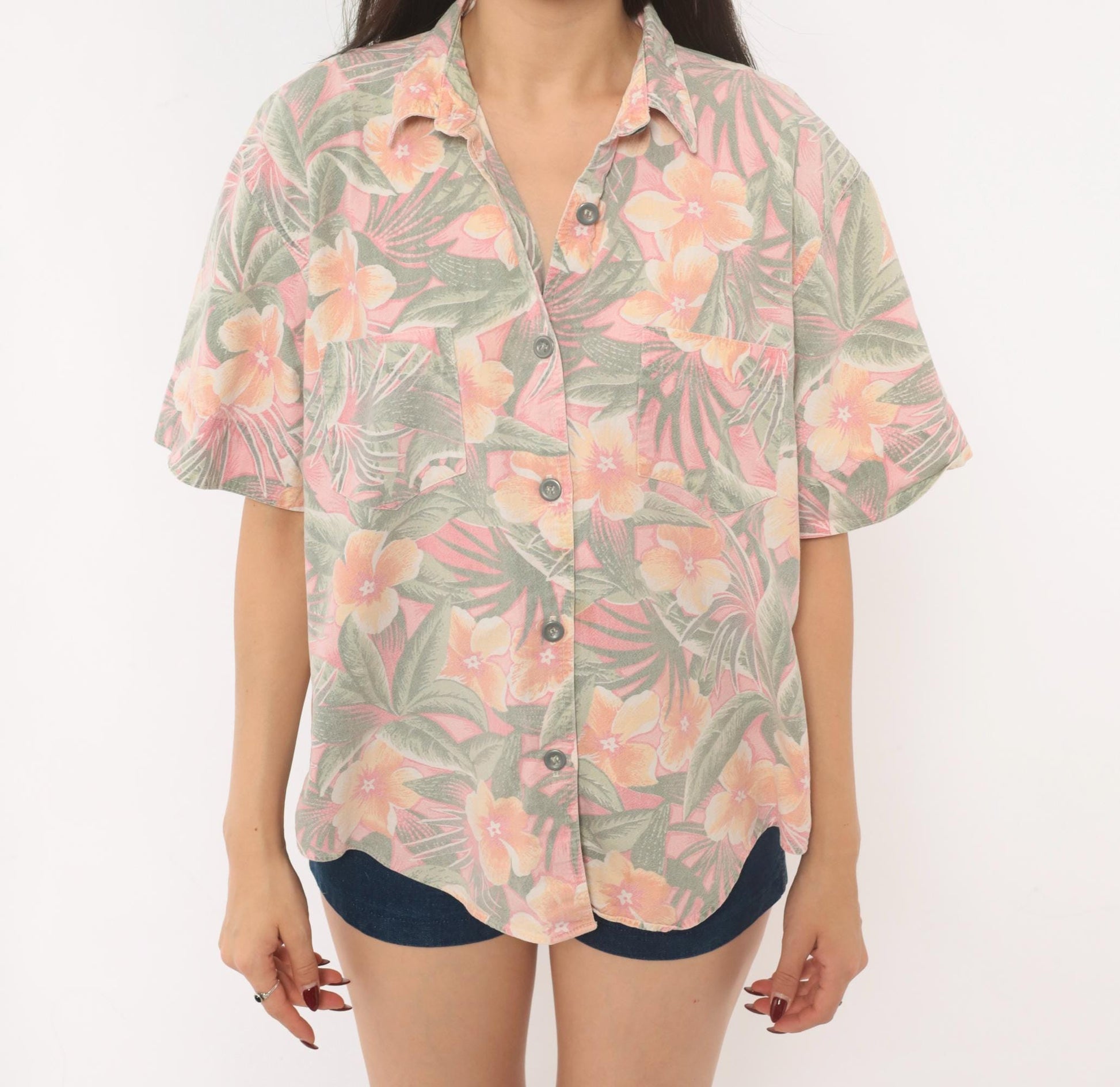 90s Essentials Sport Hawaiian Shirt Pink Coral Floral Camp Collar Cotton Large L