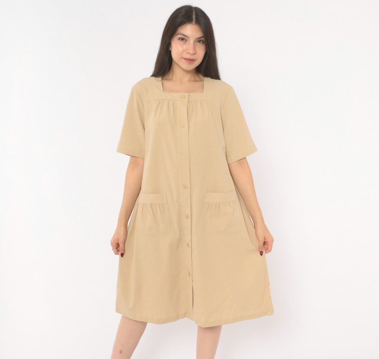 2000s The Tog Shop Petites Button Front Shift Dress Tan Square Neck Medium
