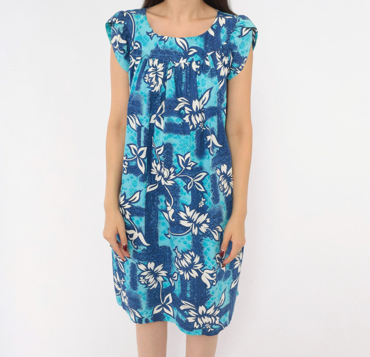 80s Made In Hawaii Muumuu Dress Blue Floral Cotton Knee-Length Medium