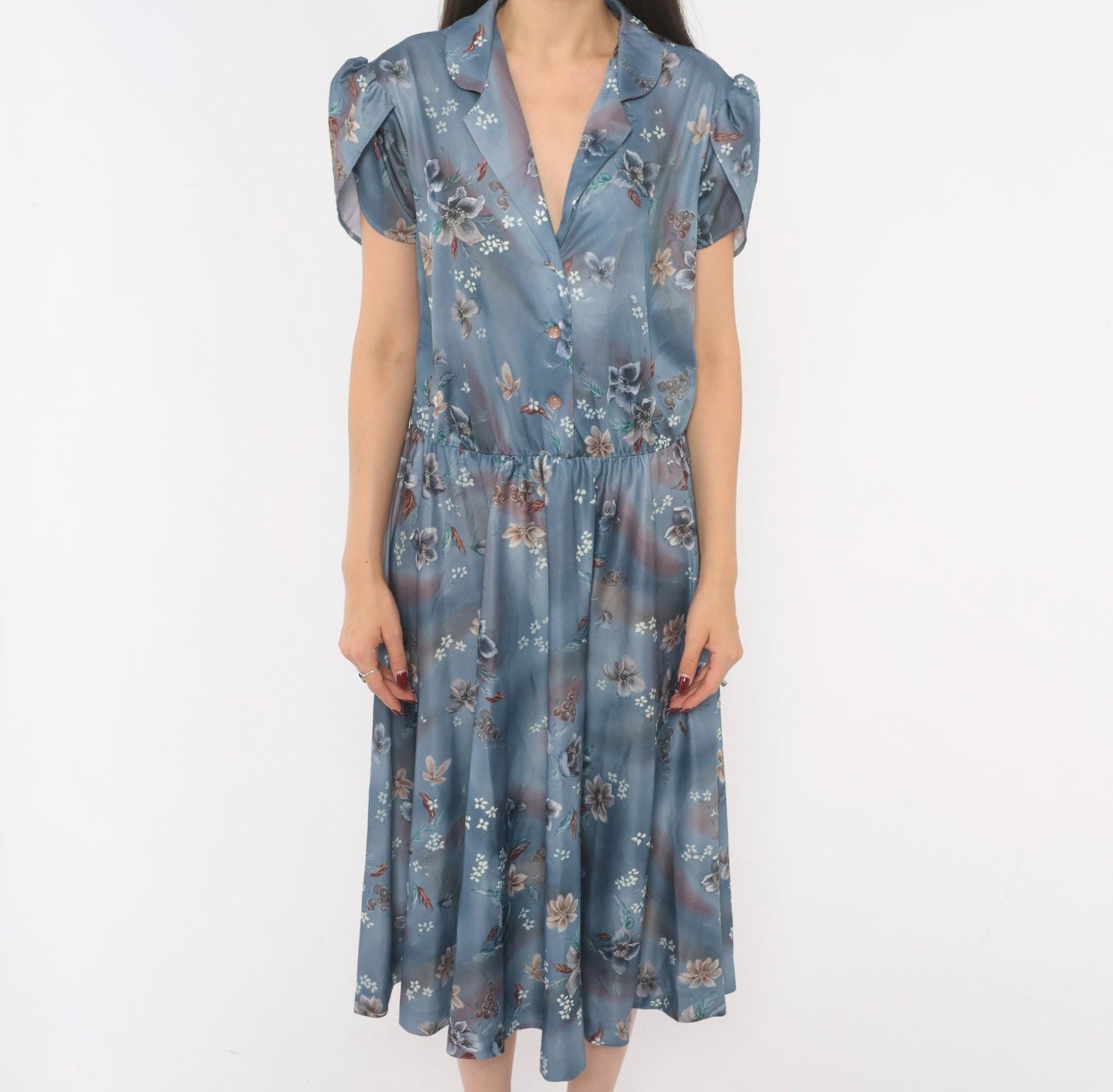 70s Slate Blue Floral Midi Shirtdress Puff Sleeve Notched Collar Large