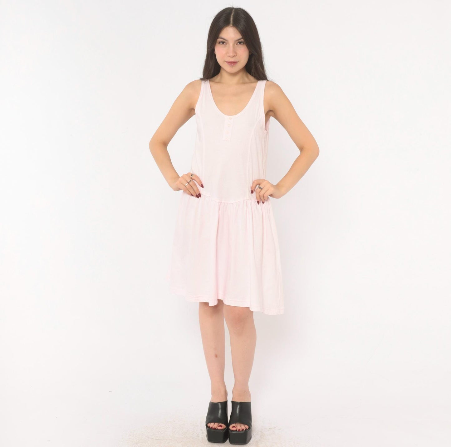 90s Cest Joti Blush Cotton Sundress Drop Waist Henley Neckline Small