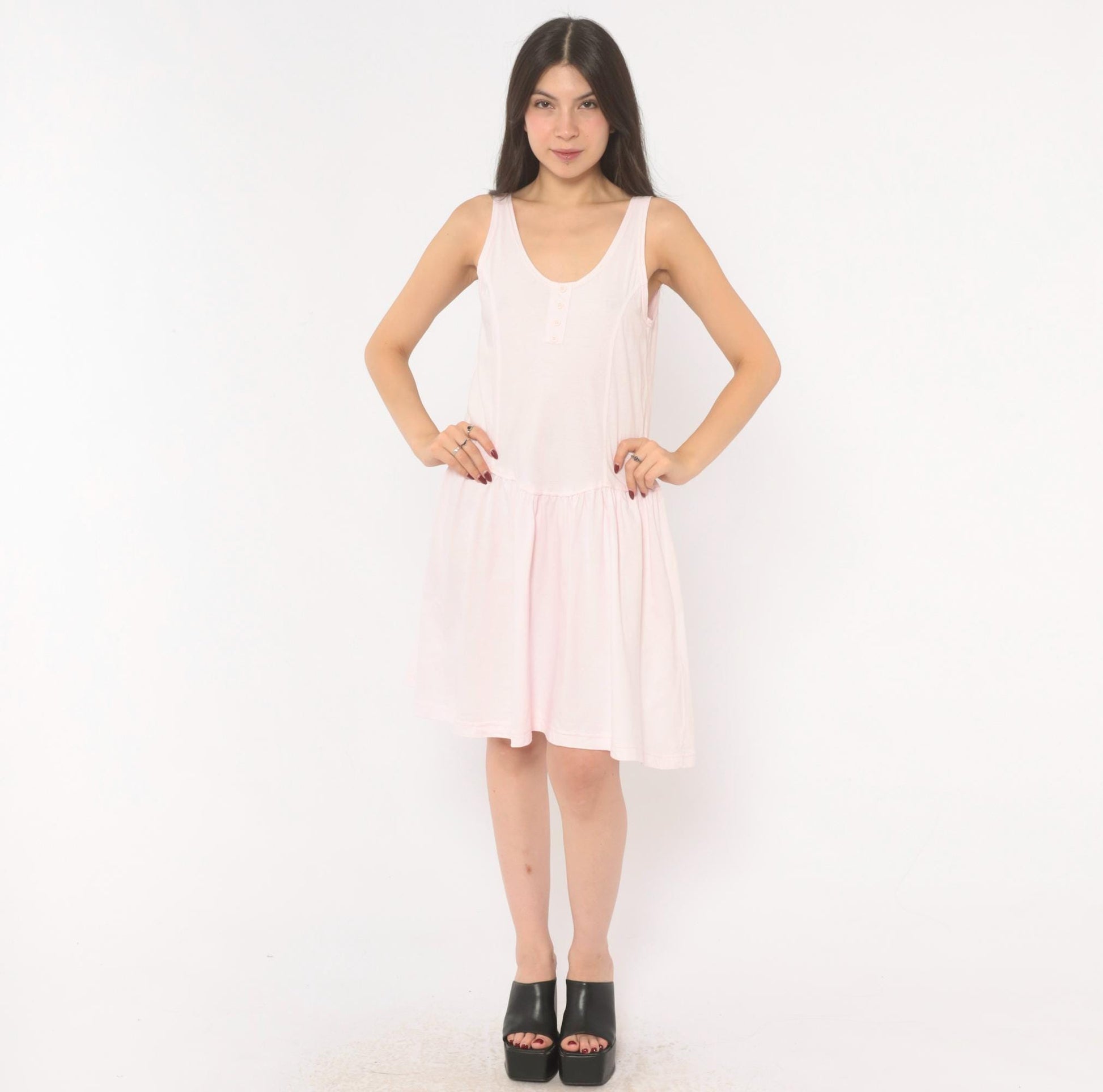 90s Cest Joti Blush Cotton Sundress Drop Waist Henley Neckline Small