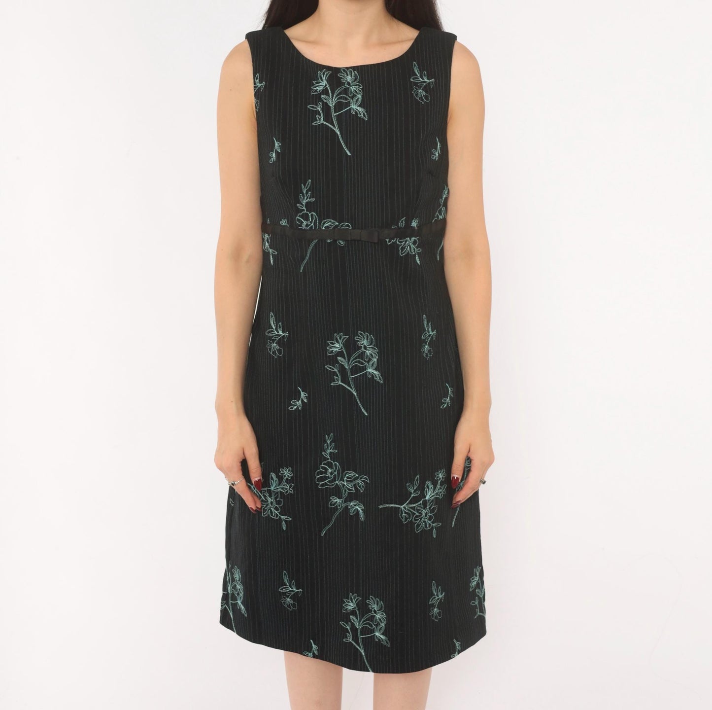90s Rabbit Black Floral Embroidered A-Line Dress Blue Pinstripe Medium M