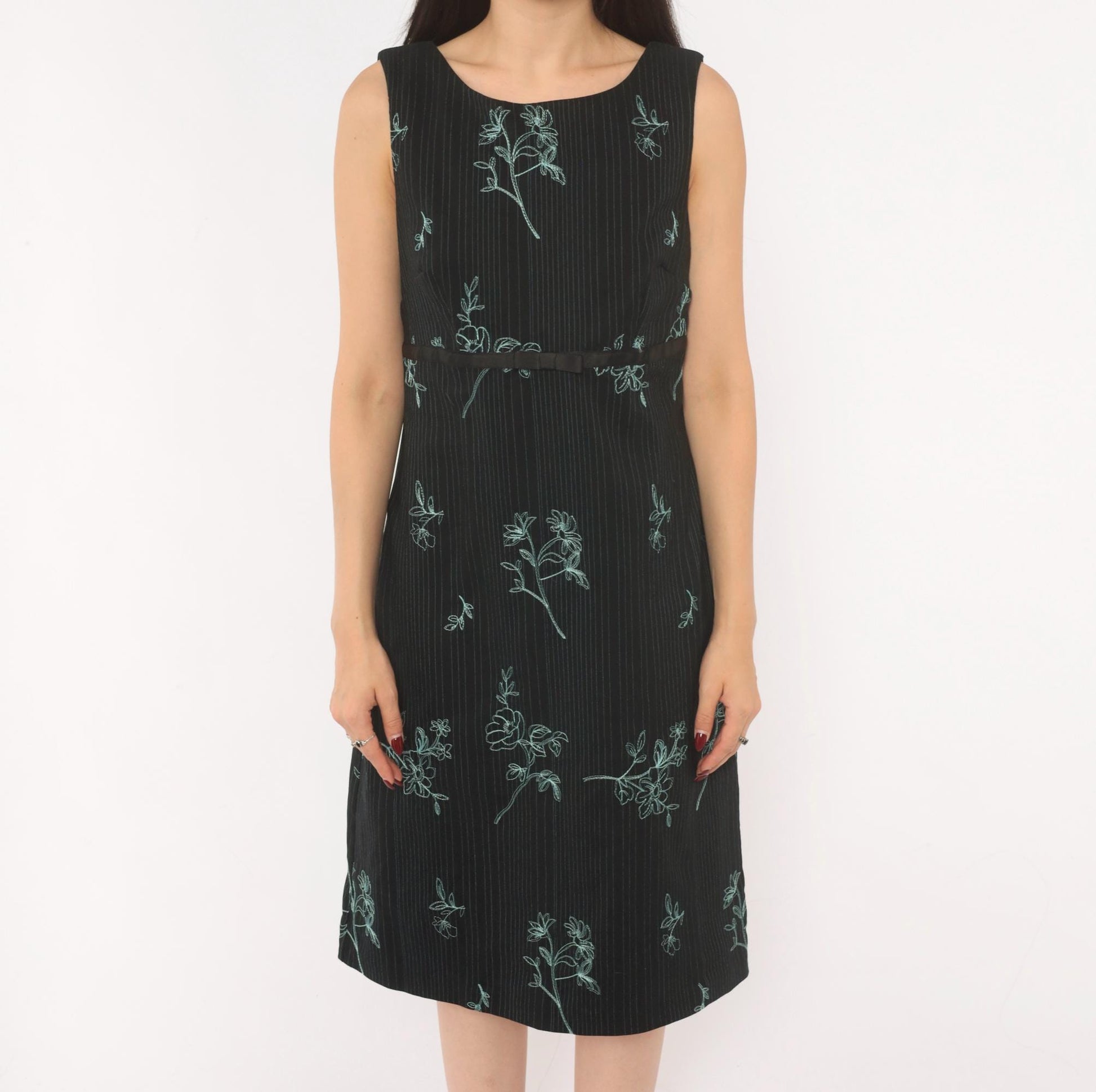 90s Rabbit Black Floral Embroidered A-Line Dress Blue Pinstripe Medium M