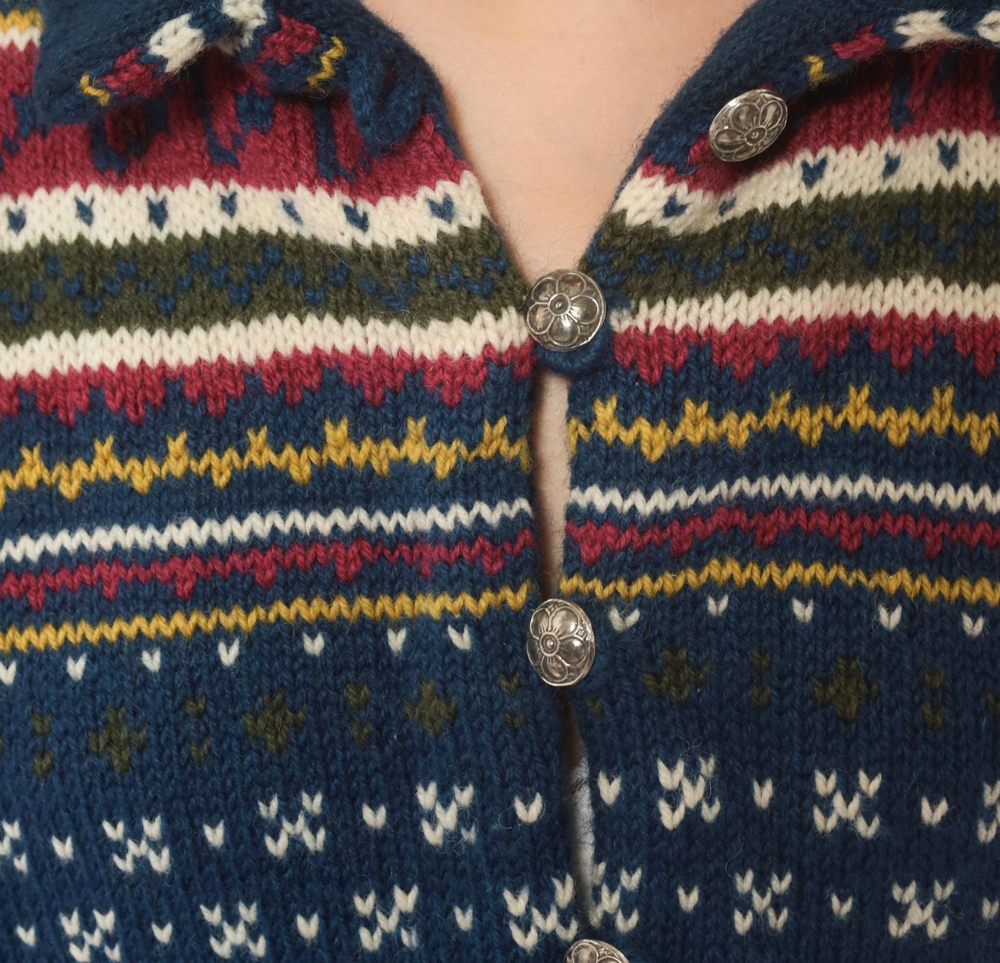 90s Husfliden Norwegian Fair Isle Wool Cardigan Navy Cream Burgundy Medium M