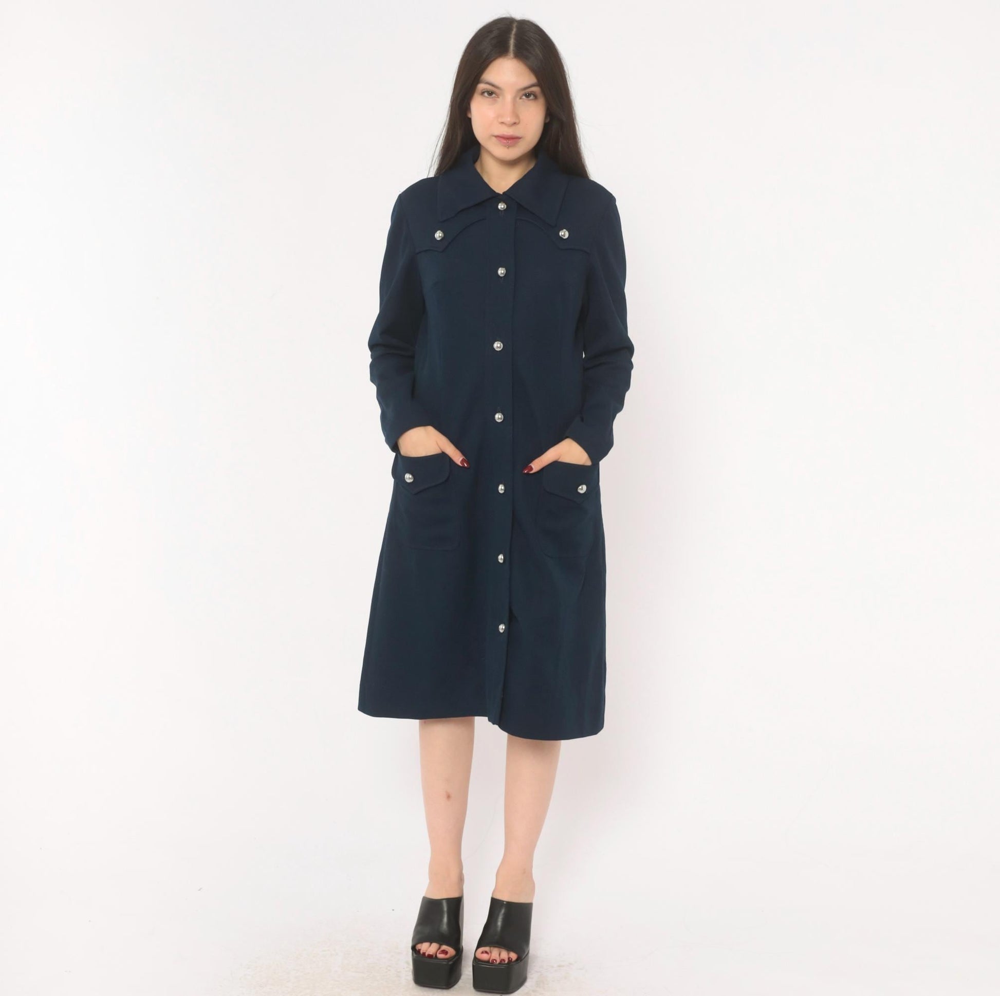 70s R & K Originals Navy Coat Dress Western Yoke Silver Buttons Medium