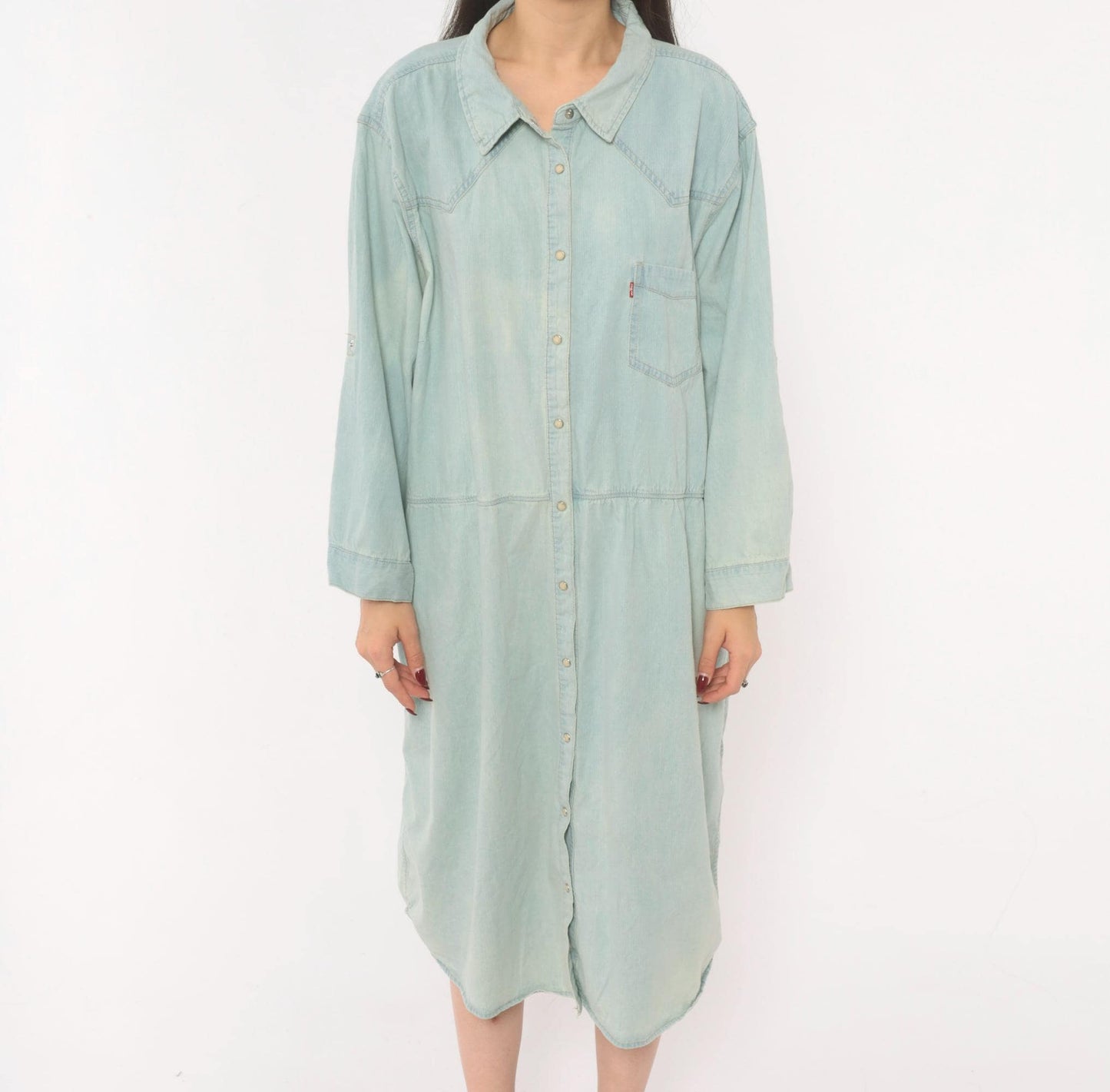 00s Levis Light Wash Denim Shirt Dress Western Yoke Midi Cotton Plus Size 3XL