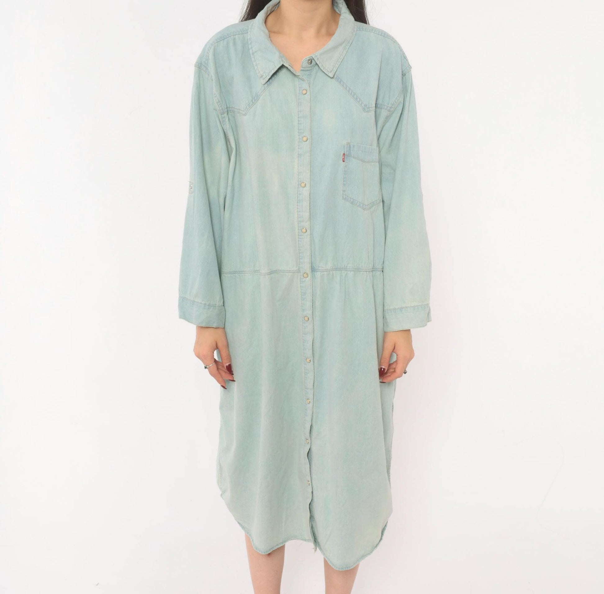 00s Levis Light Wash Denim Shirt Dress Western Yoke Midi Cotton Plus Size 3XL