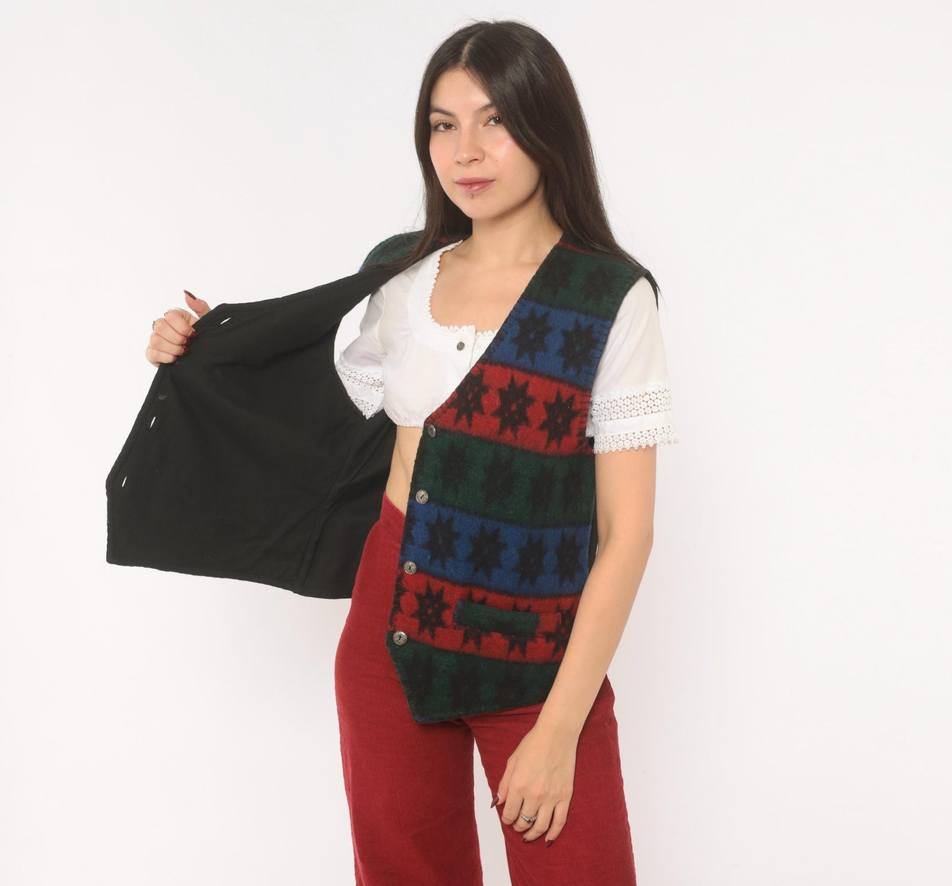90s Erika Wool Vest Star Pattern Striped Navy Burgundy Forest Green Medium M