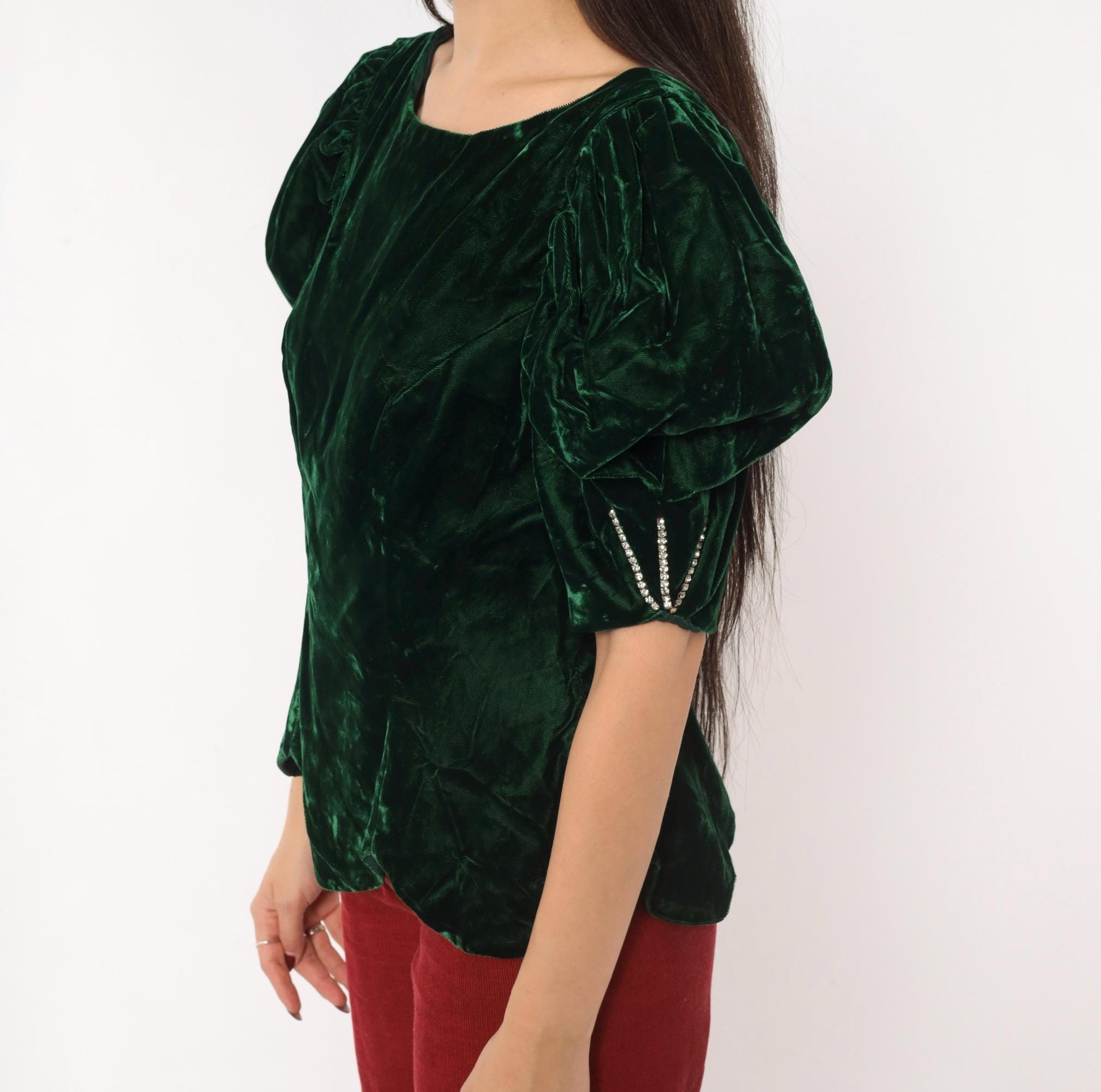 80s Emerald Velvet Puff Sleeve Blouse Forest Green Bow Back Rhinestone Medium