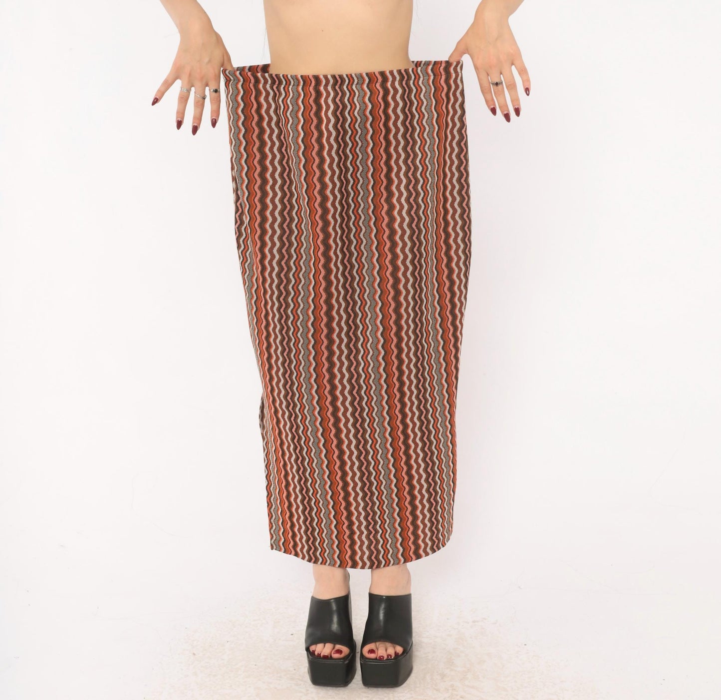 70s Orange Brown Zigzag Knit Maxi Skirt Chevron Stripe Elastic Waist Large