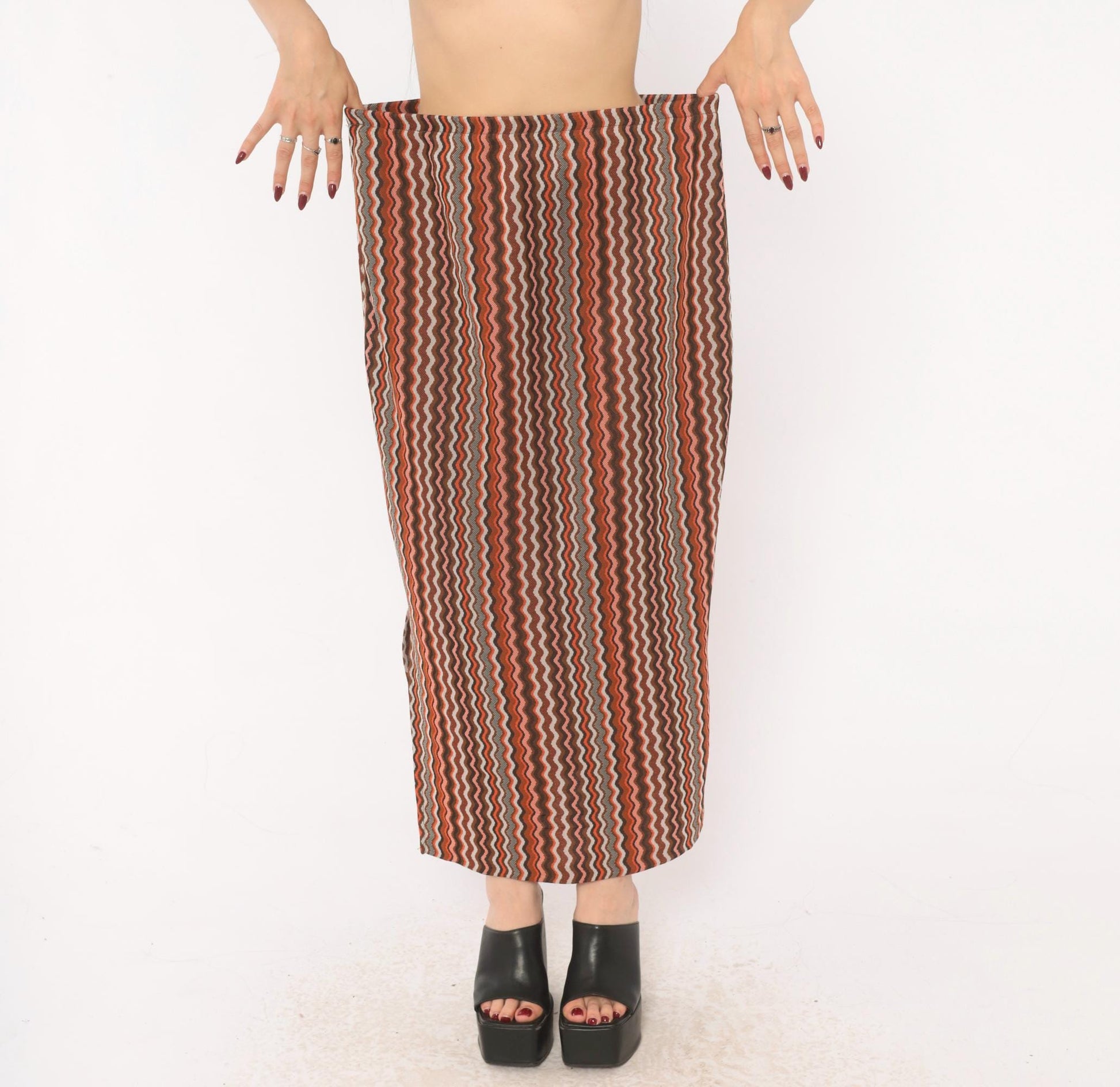 70s Orange Brown Zigzag Knit Maxi Skirt Chevron Stripe Elastic Waist Large