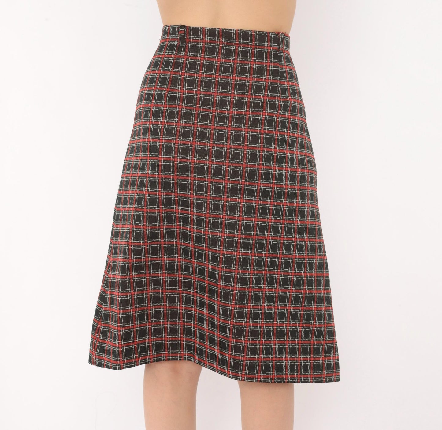70s Black Red Tartan A-Line Skirt Knee-Length Plaid Preppy Medium