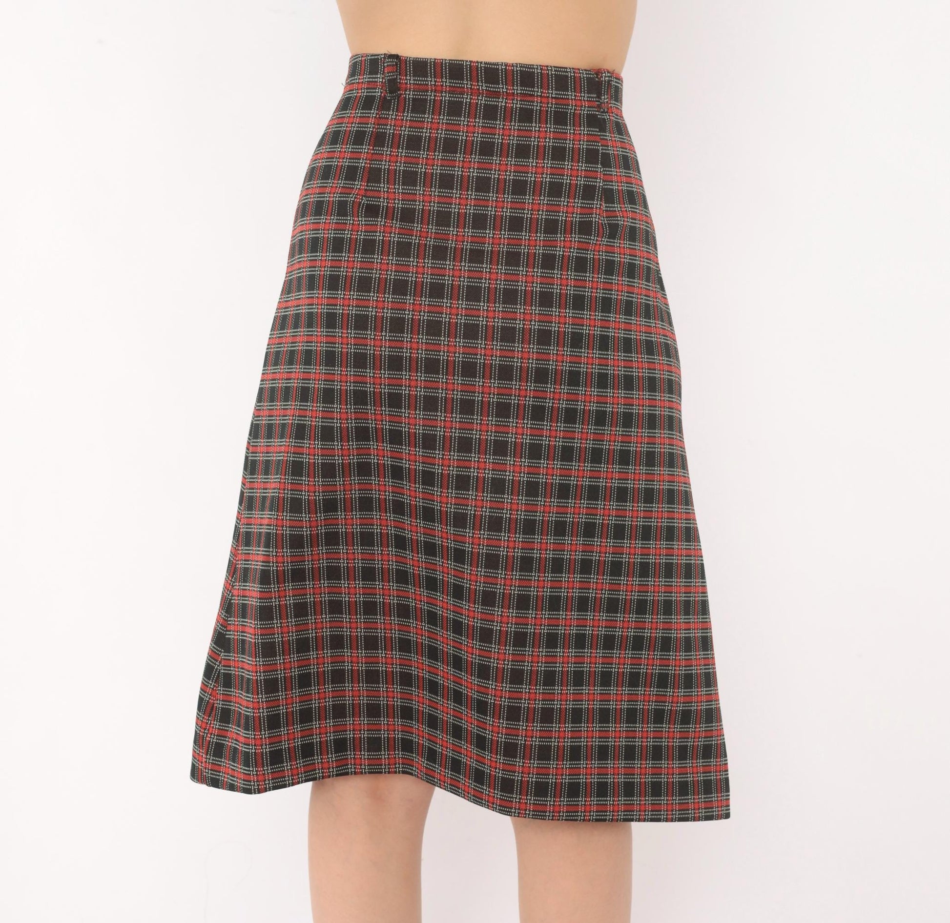 70s Black Red Tartan A-Line Skirt Knee-Length Plaid Preppy Medium