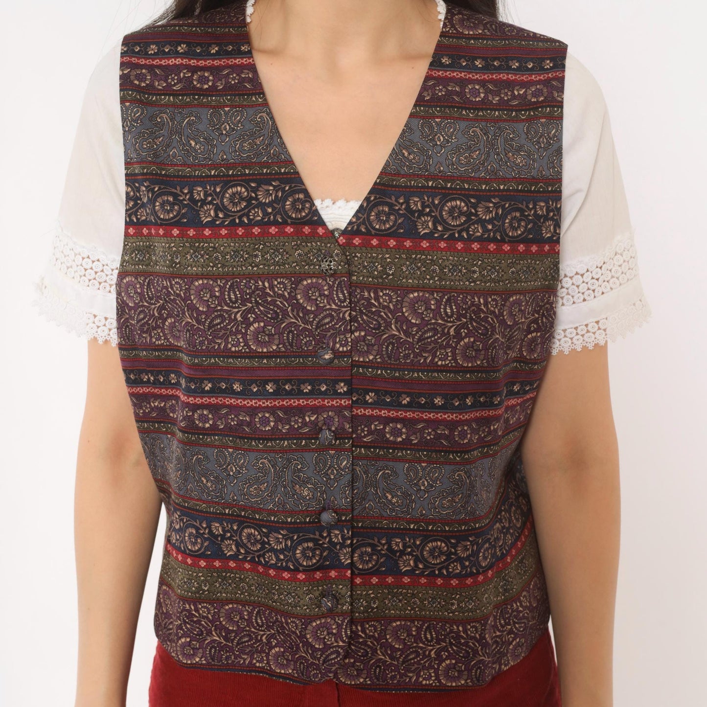 90s Talbots Paisley Silk Vest V-Neck Plum Navy Jacquard Medium M